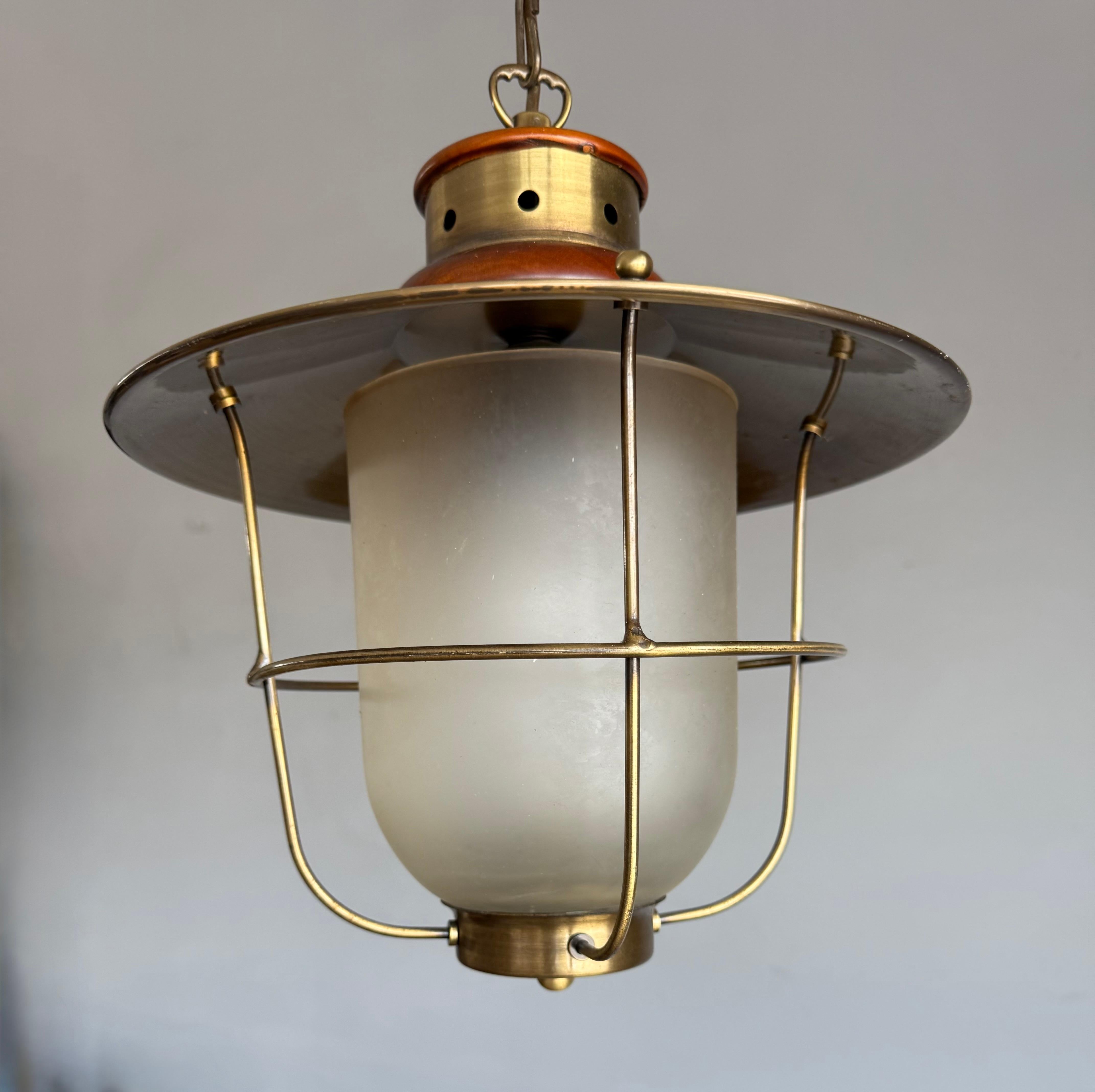 Brass & Glass Atomic Pendant Light, Handcrafted Nautical Modernist Lantern 1950s For Sale 1