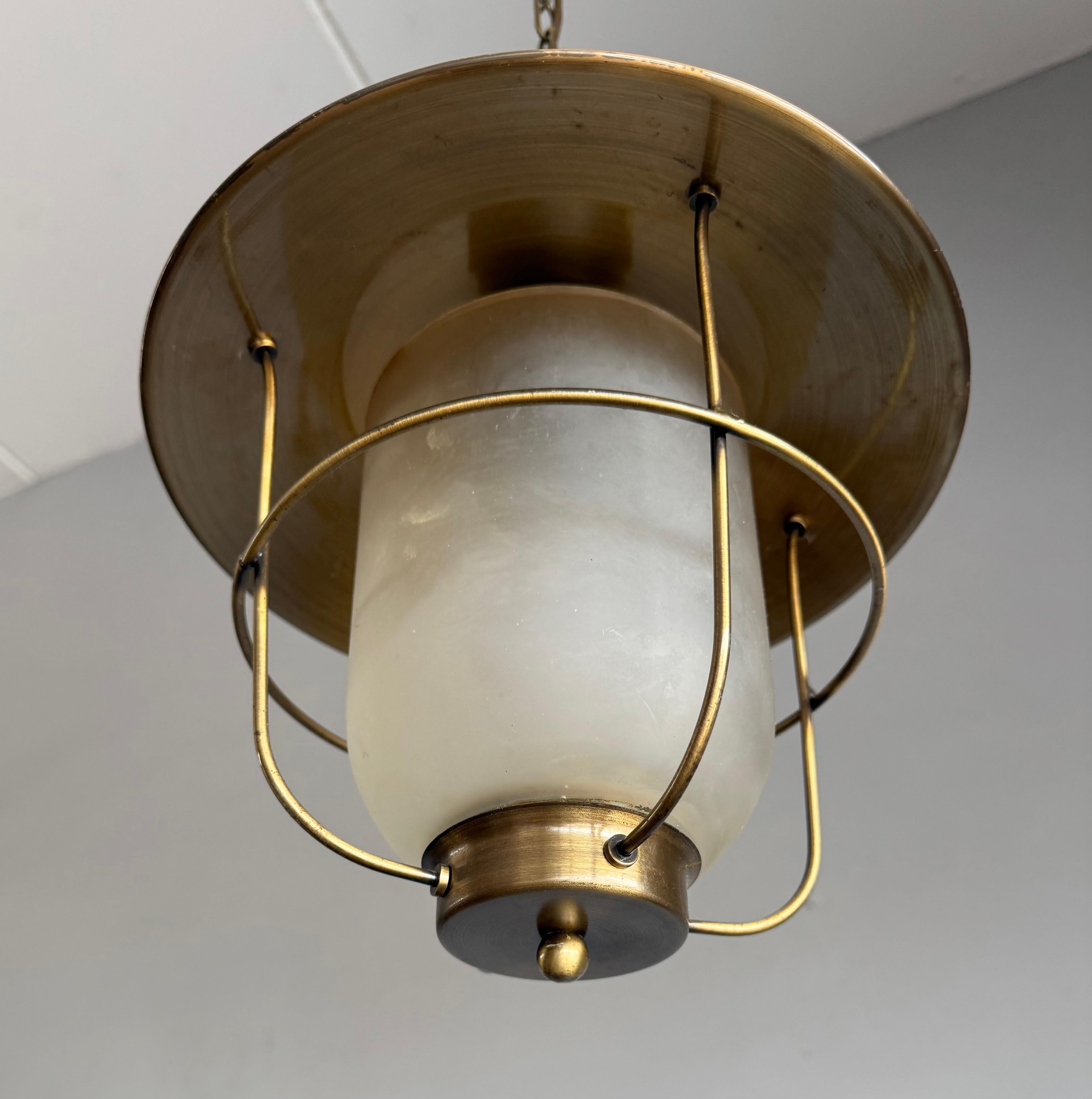 Brass & Glass Atomic Pendant Light, Handcrafted Nautical Modernist Lantern 1950s For Sale 2