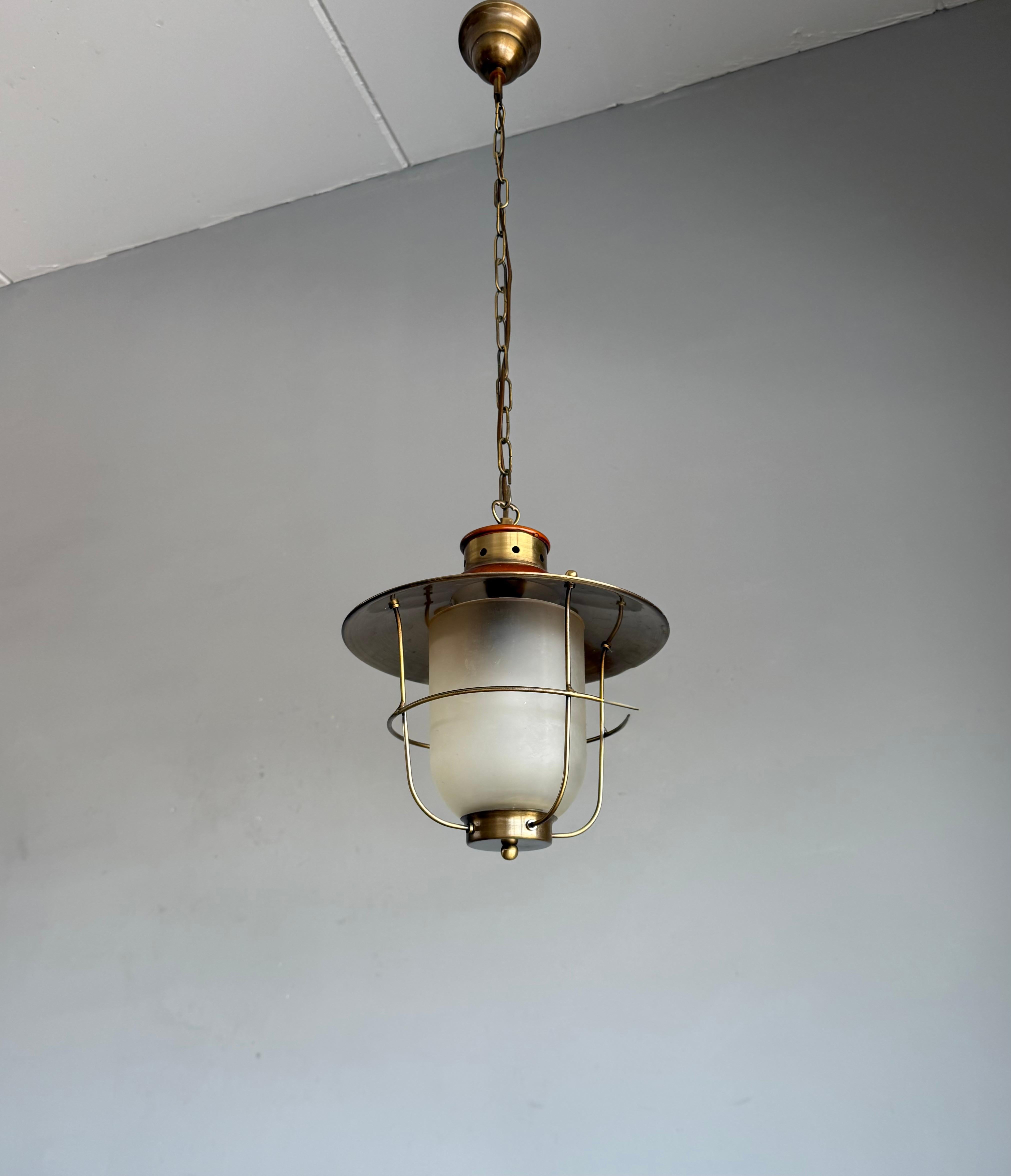 Brass & Glass Atomic Pendant Light, Handcrafted Nautical Modernist Lantern 1950s For Sale 3
