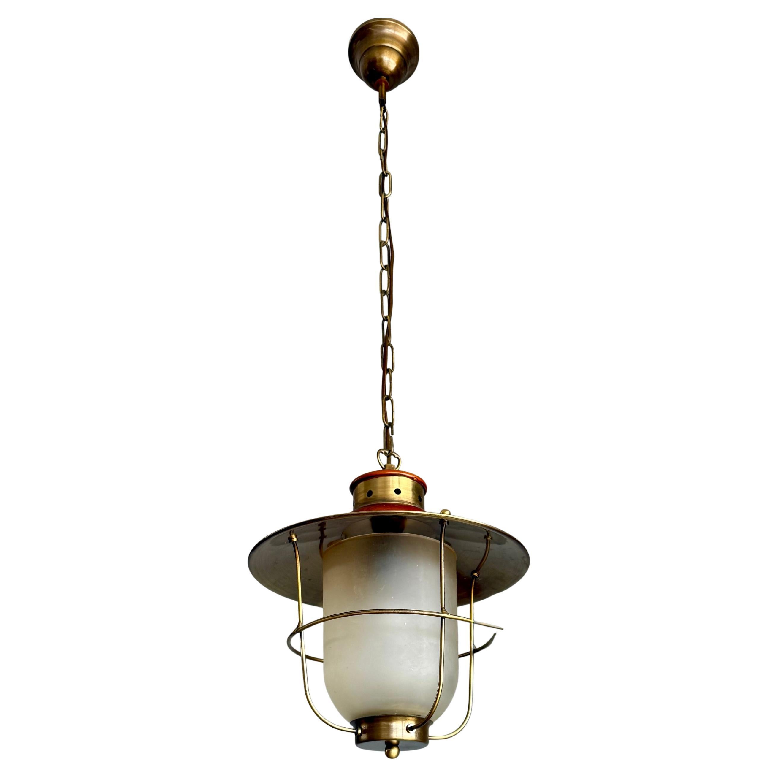 Brass & Glass Atomic Pendant Light, Handcrafted Nautical Modernist Lantern 1950s For Sale