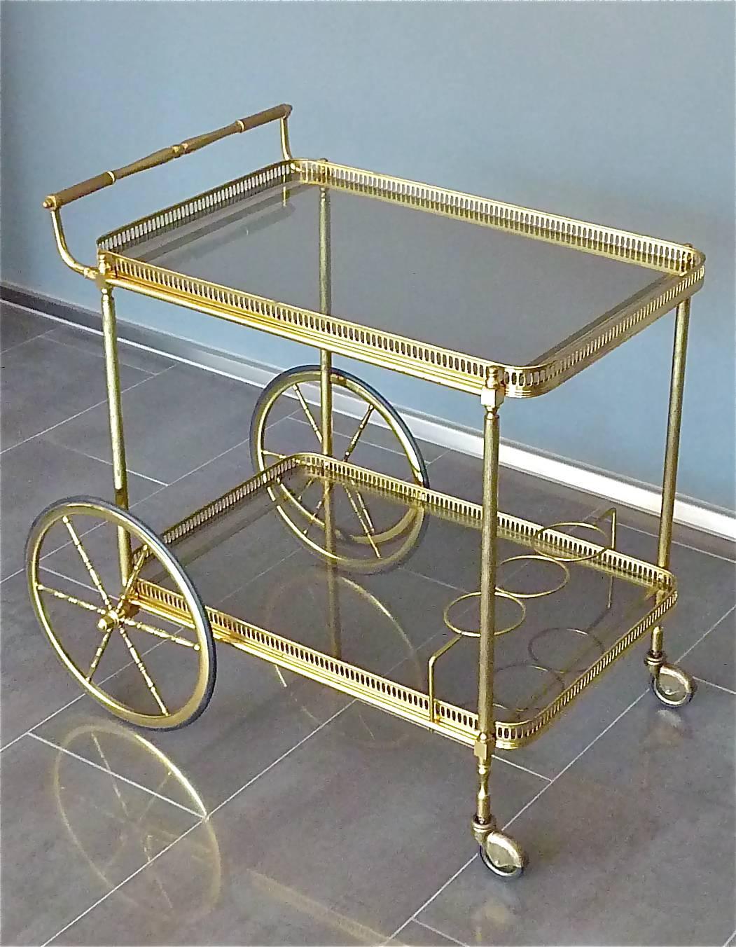 Brass Glass Bar Cart Serving Table Trolley, Maison Baguès Jansen, French, 1950s 7