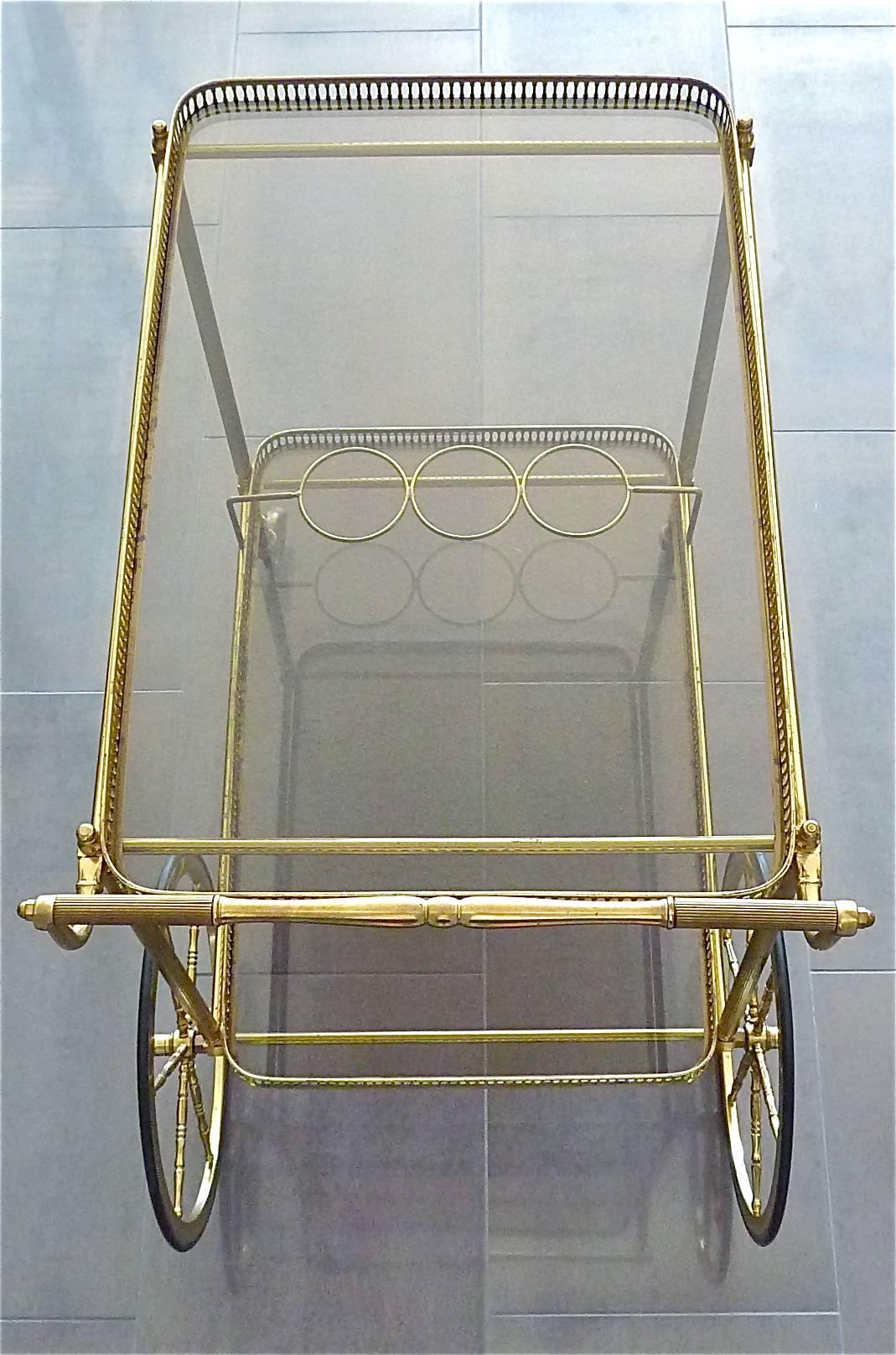 Brass Glass Bar Cart Serving Table Trolley, Maison Baguès Jansen, French, 1950s 9
