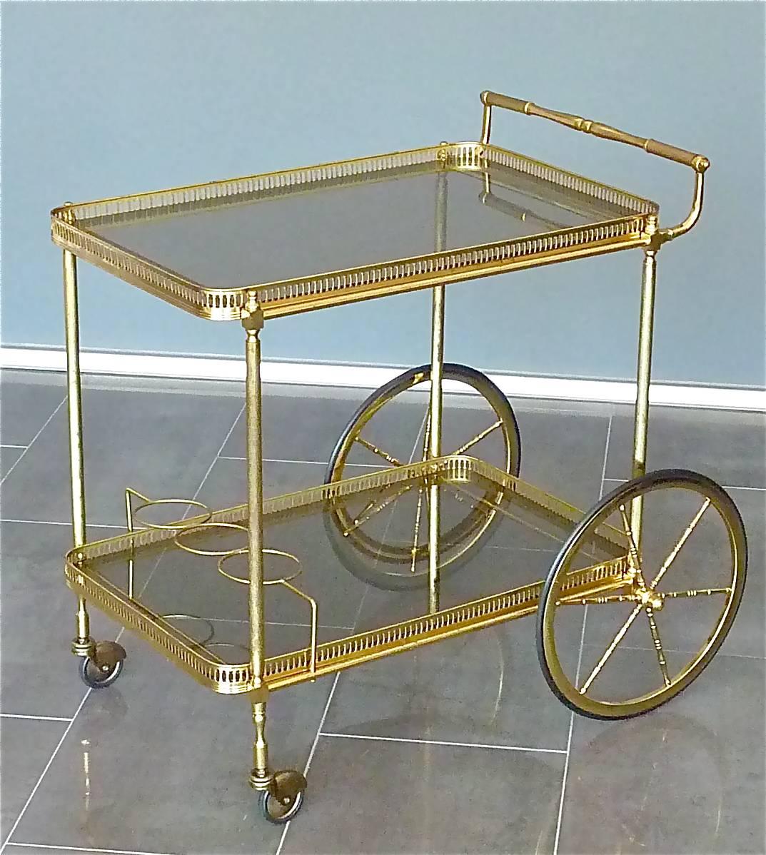 Brass Glass Bar Cart Serving Table Trolley, Maison Baguès Jansen, French, 1950s 12