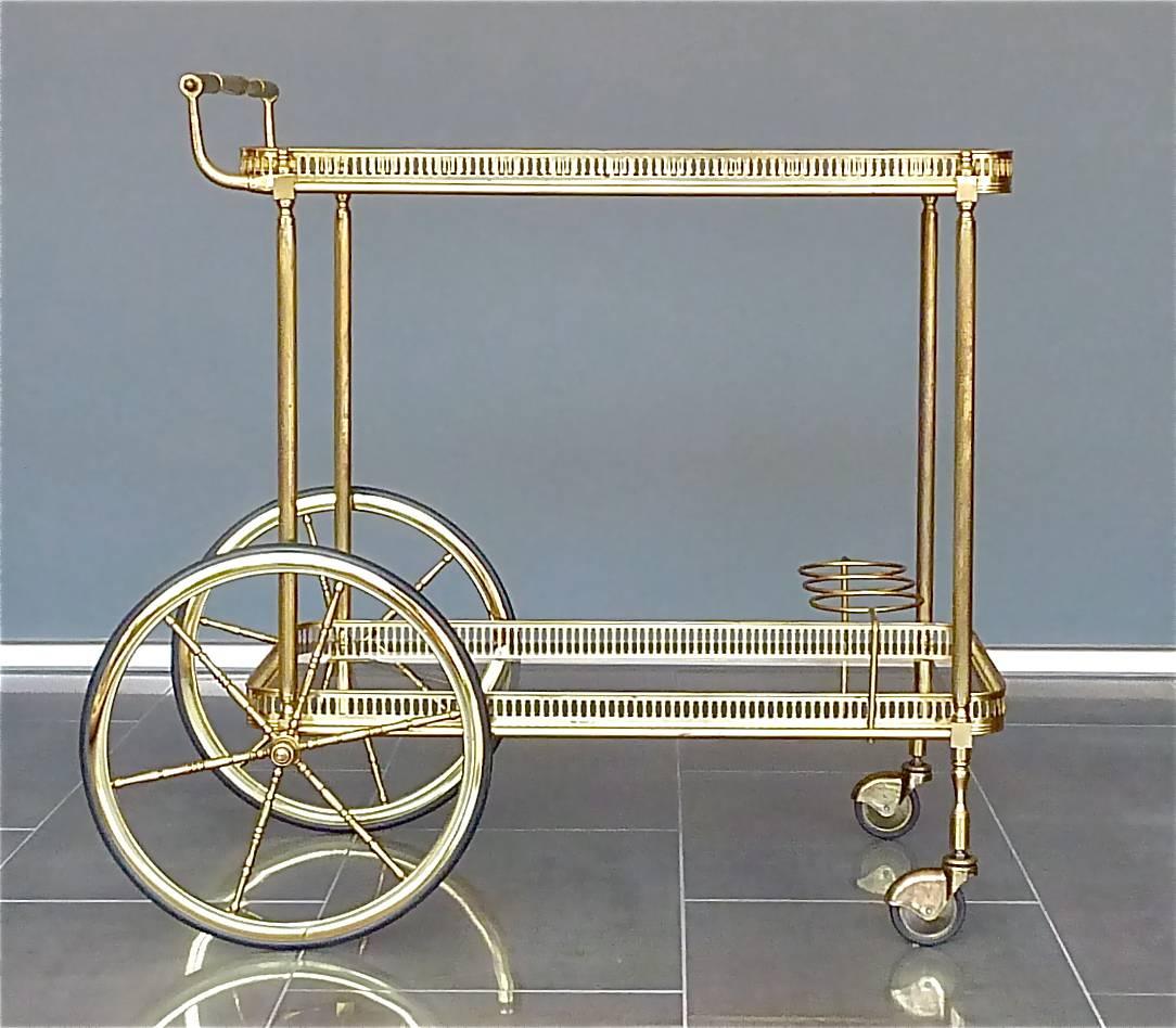 Patinated Brass Glass Bar Cart Serving Table Trolley, Maison Baguès Jansen, French, 1950s
