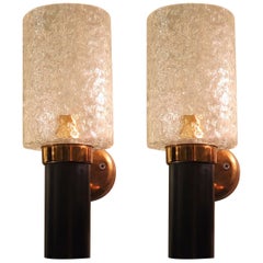 Brass, Glass & Black Mid-Century Modern Sconces, Maison Arlus Style, France 1950