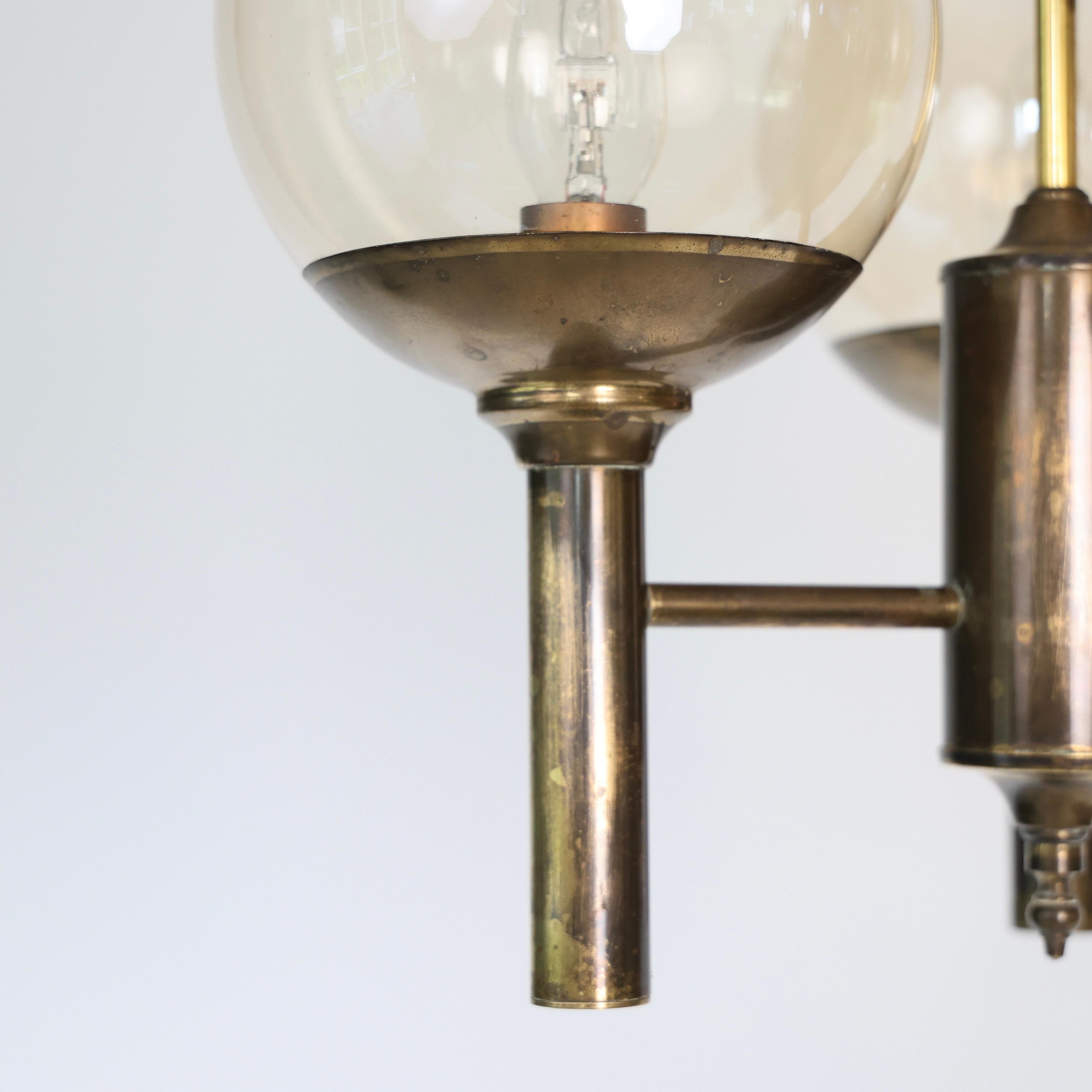 Brass & Glass Chandelier designed by Svend Mejlstrøm, 1960s, Denmark For Sale 1