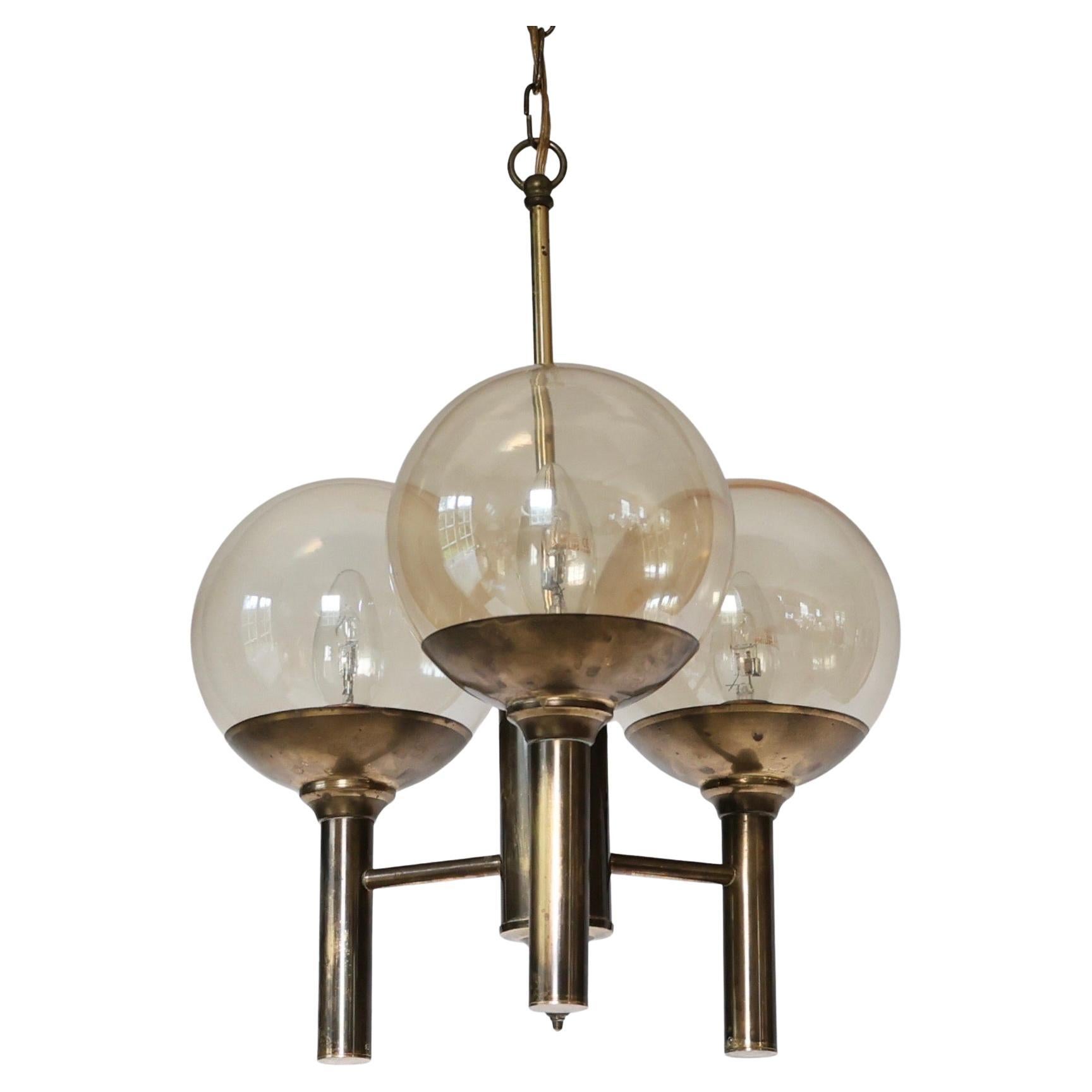 Brass & Glass Chandelier designed by Svend Mejlstrøm, 1960s, Denmark For Sale