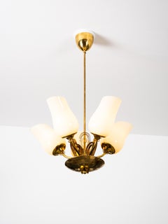 Brass & Glass Chandelier Model 505-5 by Stockmann Orno, Finland, 1950s
