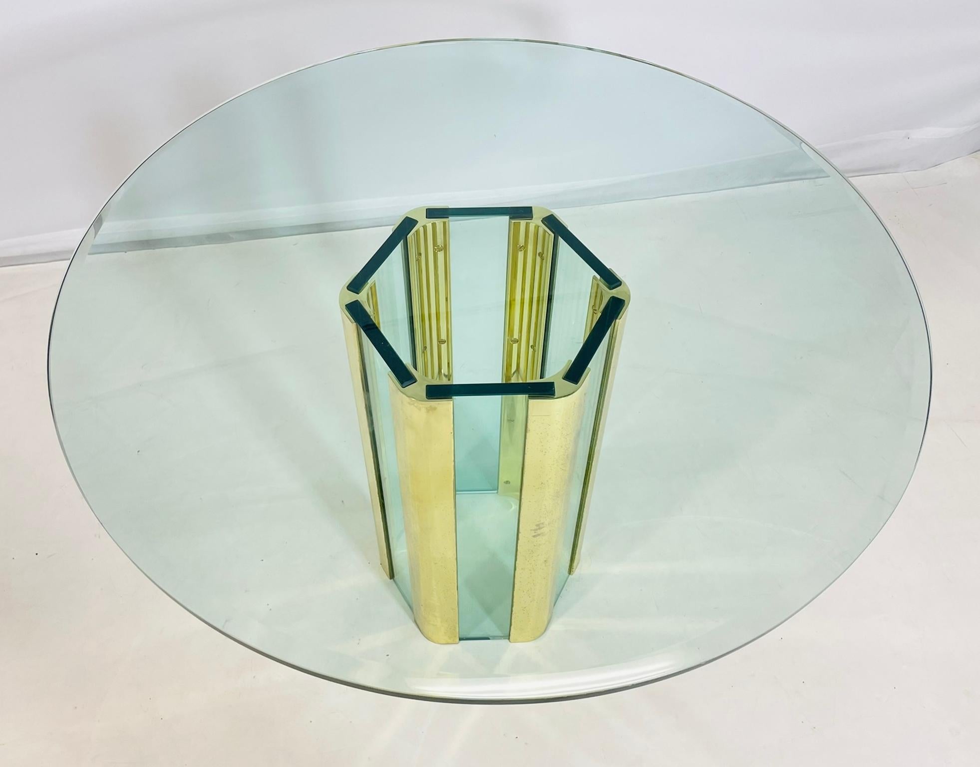 Hand-Crafted Leon Rosen for Pace Collection Glass and Brass Hexagonal Dining or Center Table For Sale