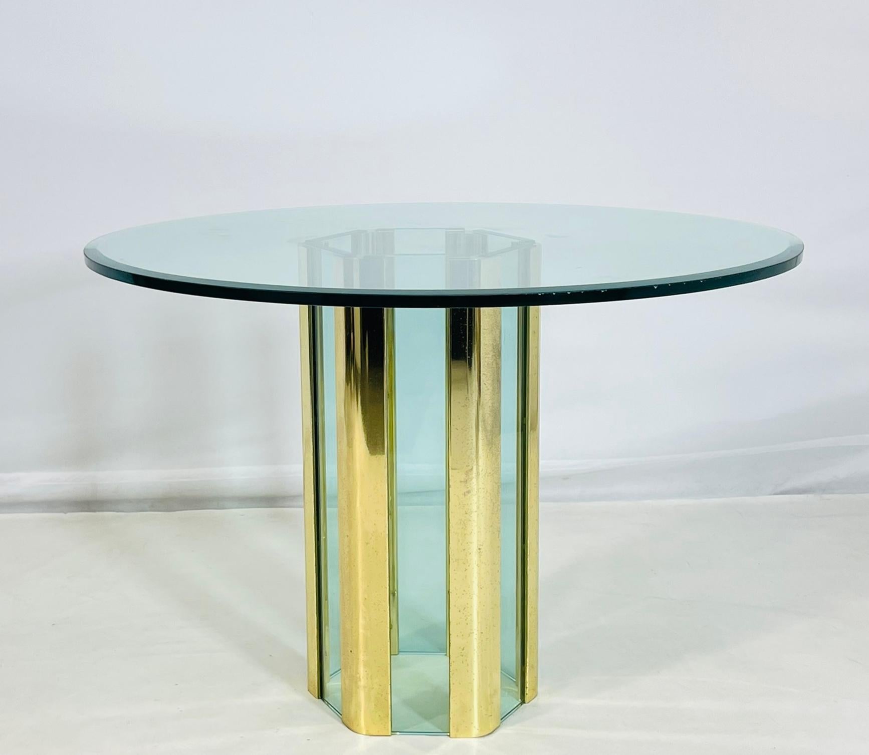 Late 20th Century Leon Rosen for Pace Collection Glass and Brass Hexagonal Dining or Center Table For Sale