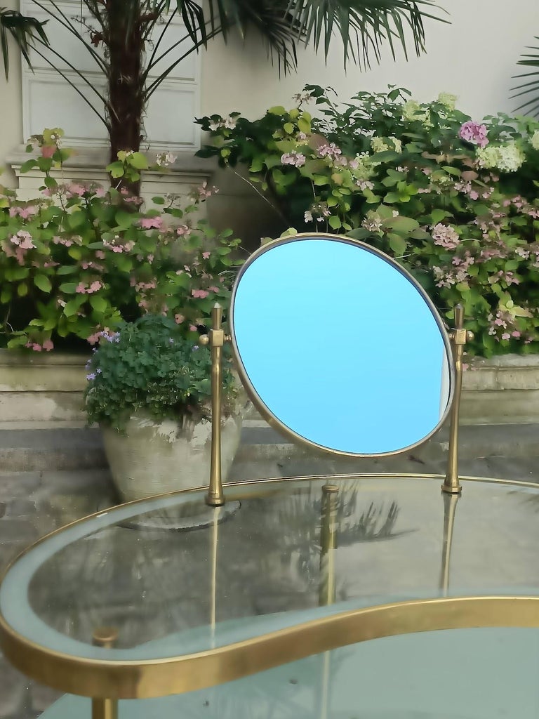 Brass and Glass Dressing Table with Mirror Lighting, Steering Wheel