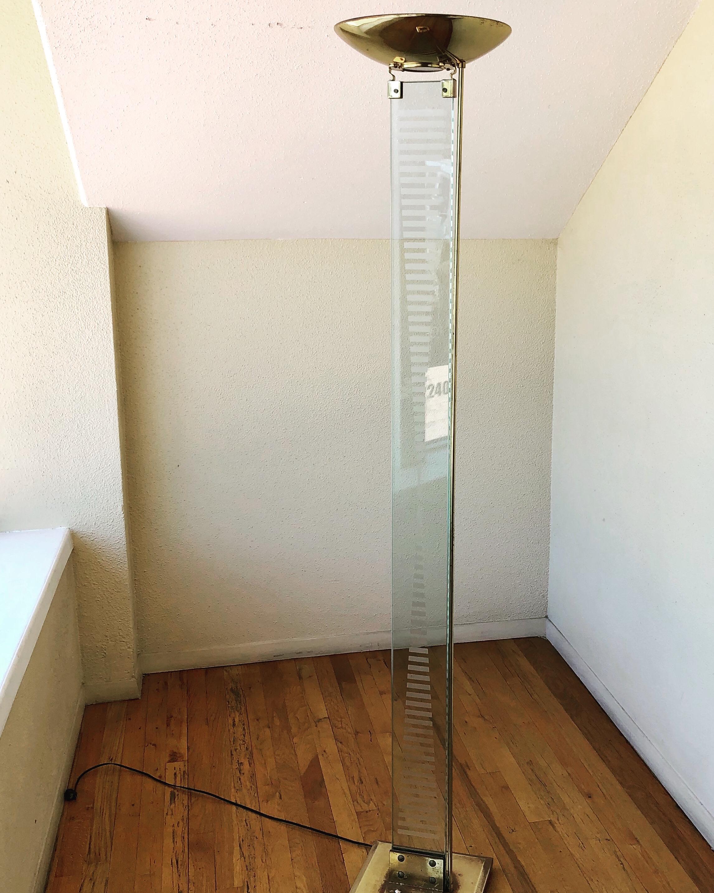 Brass and Glass Floor Torchiere Lamp by Fontana Arte In Good Condition In San Diego, CA