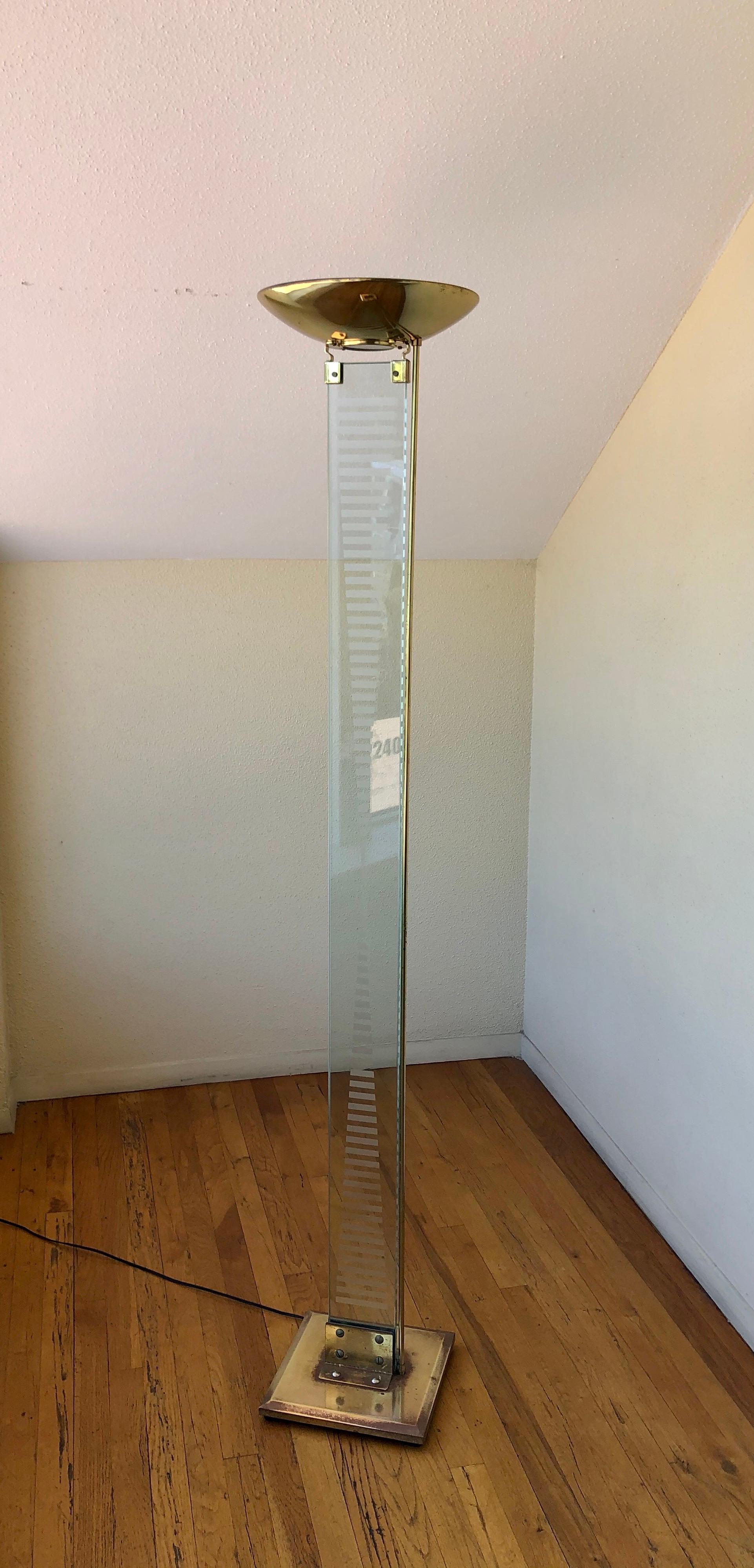 20th Century Brass and Glass Floor Torchiere Lamp by Fontana Arte
