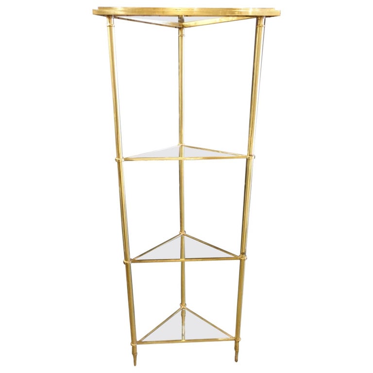 Brass and Glass French Corner Shelf Unit For Sale at 1stdibs