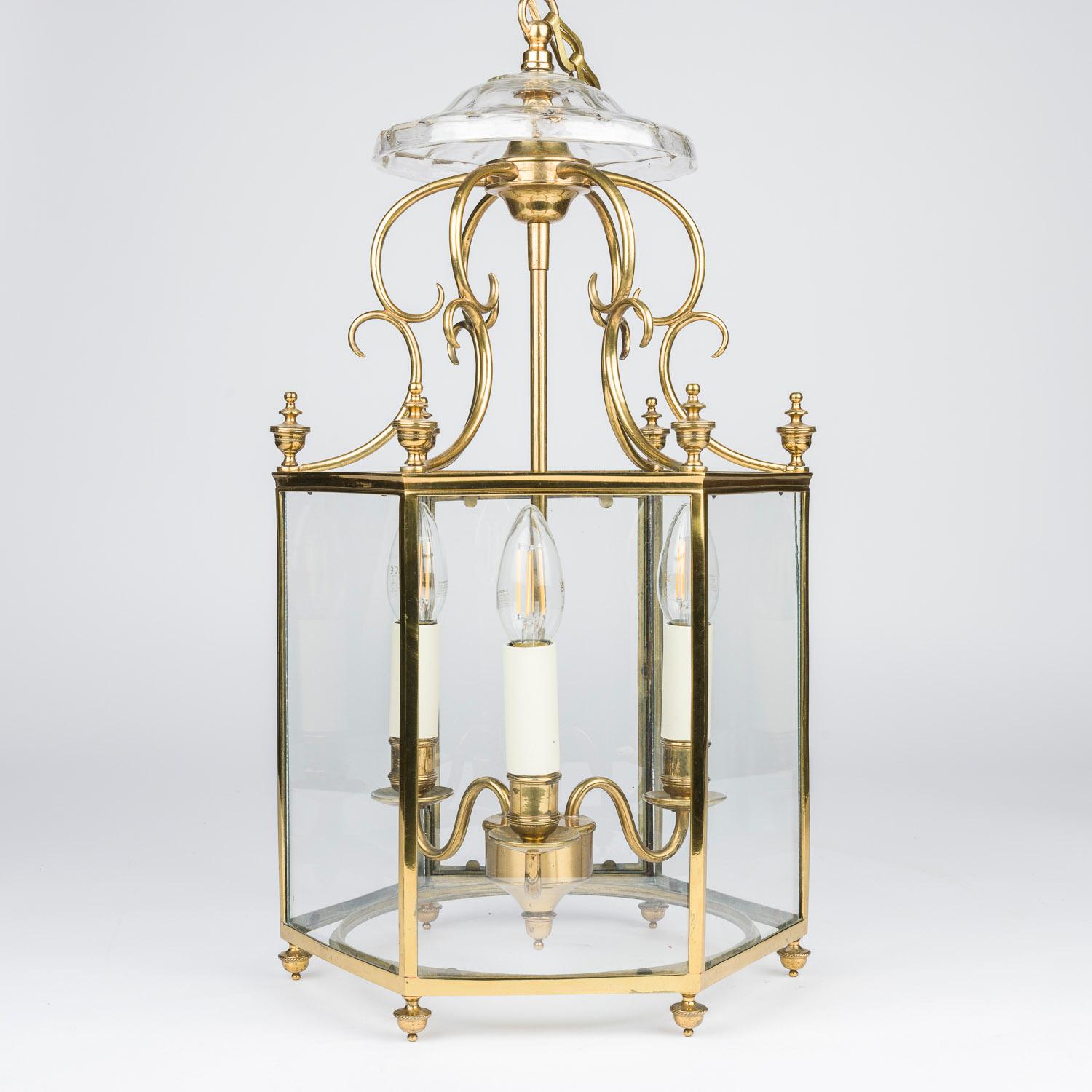 Brass & glass hexagonal hall lantern in the Regency style For Sale 5
