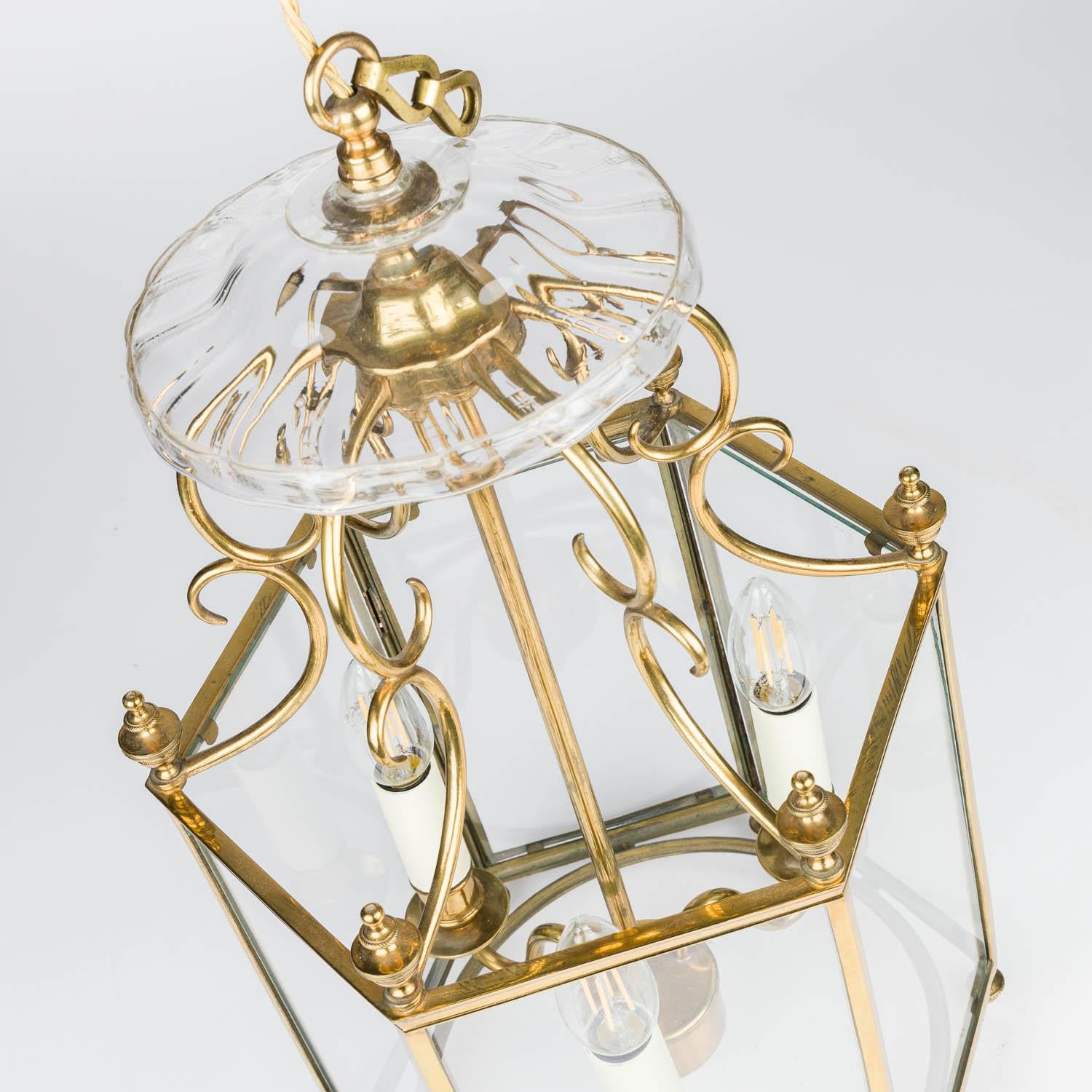 English Brass & glass hexagonal hall lantern in the Regency style For Sale