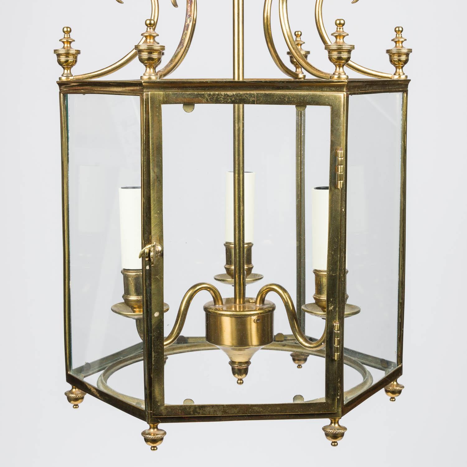 Brass & glass hexagonal hall lantern in the Regency style For Sale 1