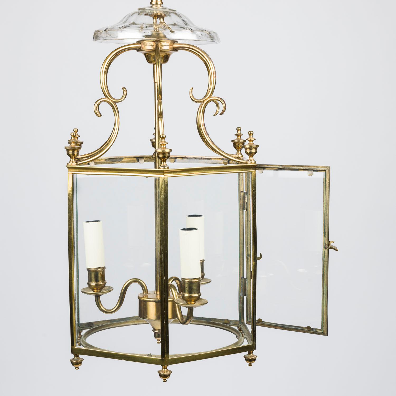 Brass & glass hexagonal hall lantern in the Regency style For Sale 2