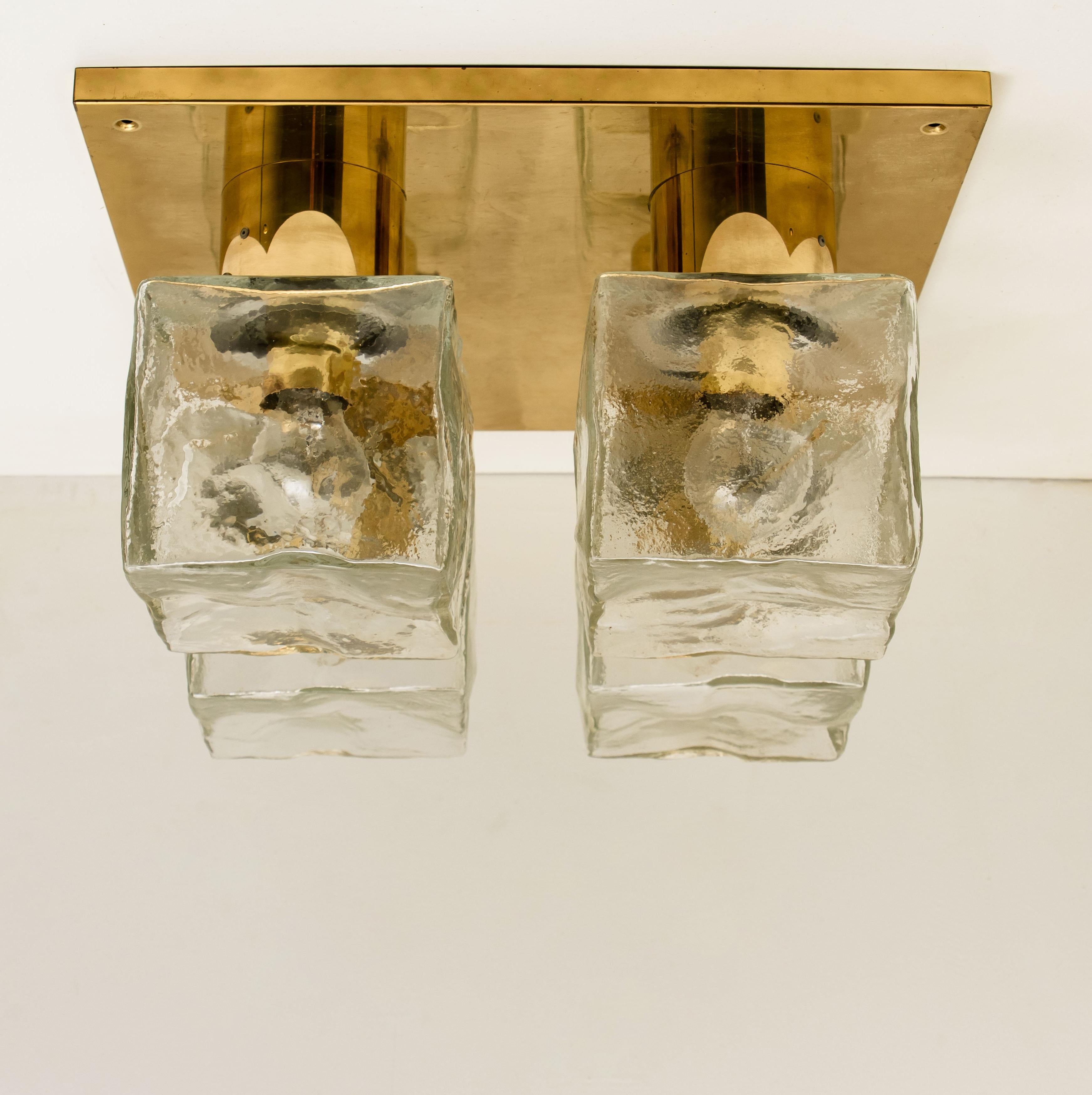 Brass Glass Ice Cube Flushmount by Kalmar, 1970s 4