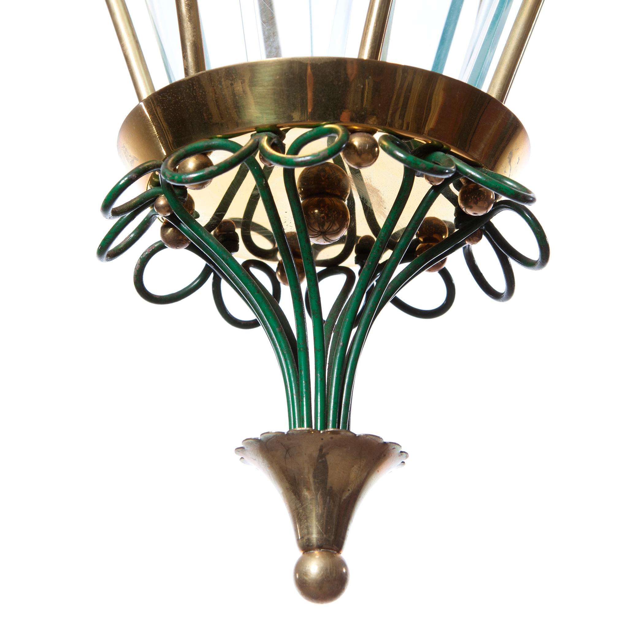 Mid-Century Modern Brass & Glass Lantern in Style of Pietro Chiesa, 1940s For Sale