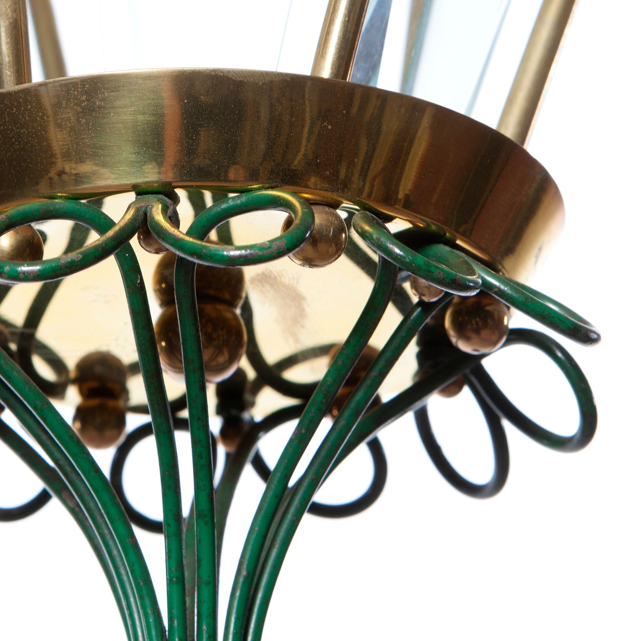 Italian Brass & Glass Lantern in Style of Pietro Chiesa, 1940s For Sale