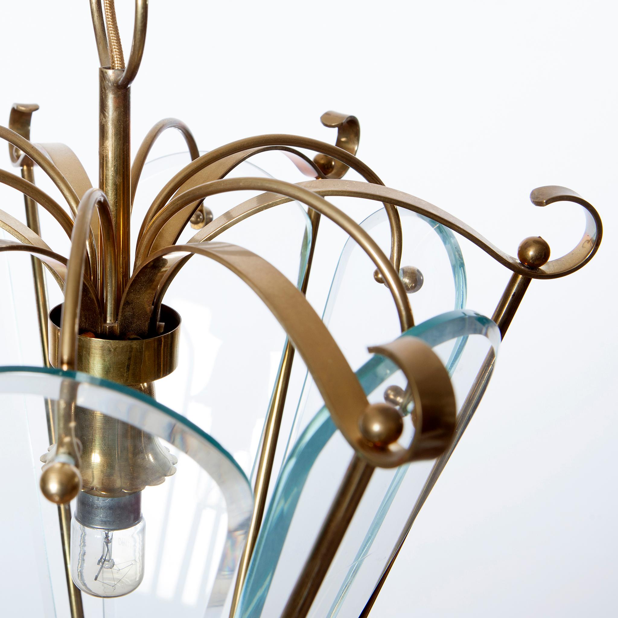 Faceted Brass & Glass Lantern in Style of Pietro Chiesa, 1940s For Sale