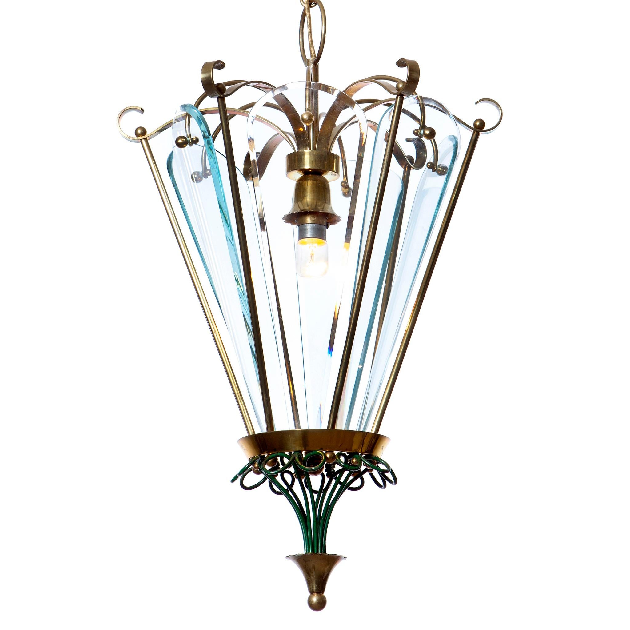 Brass & Glass Lantern in Style of Pietro Chiesa, 1940s For Sale 1