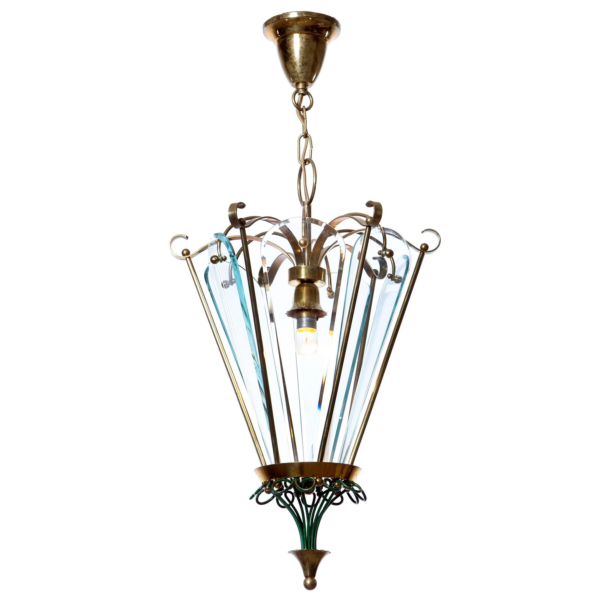 Brass & Glass Lantern in Style of Pietro Chiesa, 1940s For Sale