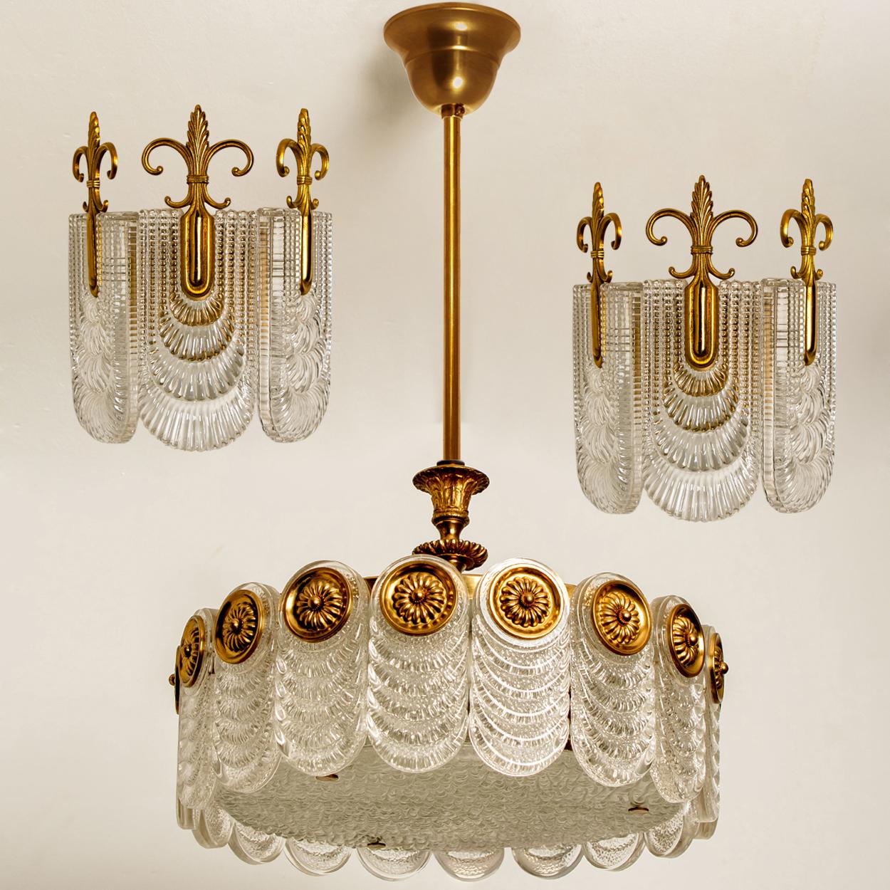 Brass & Glass Light Fixture, Chandelier by Kaiser Leuchten, 1960s For Sale 6