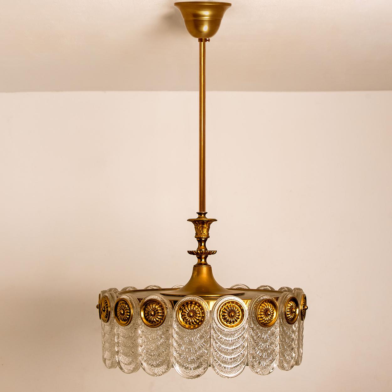 German Brass & Glass Light Fixture, Chandelier by Kaiser Leuchten, 1960s For Sale
