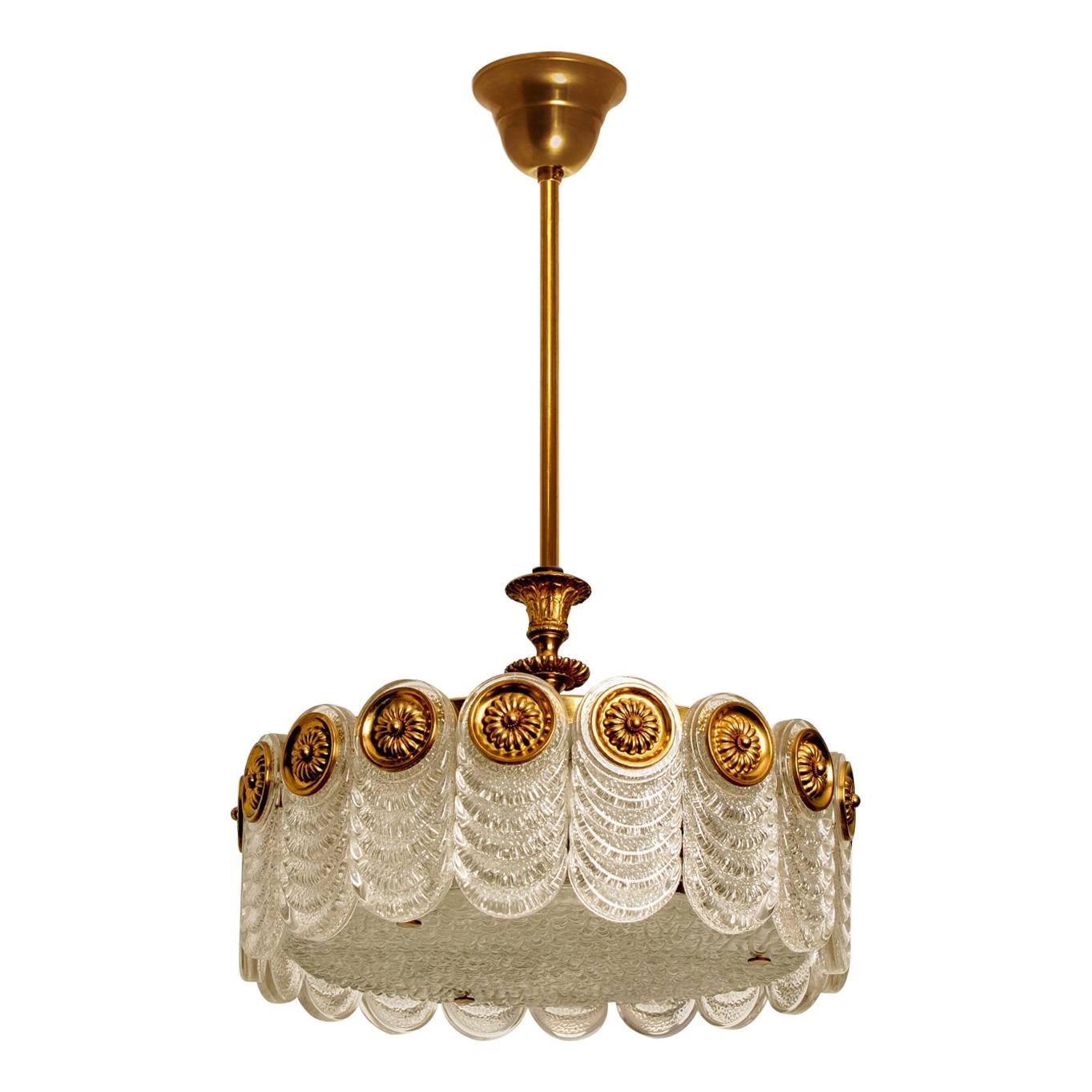 Brass & Glass Light Fixture, Chandelier by Kaiser Leuchten, 1960s For Sale