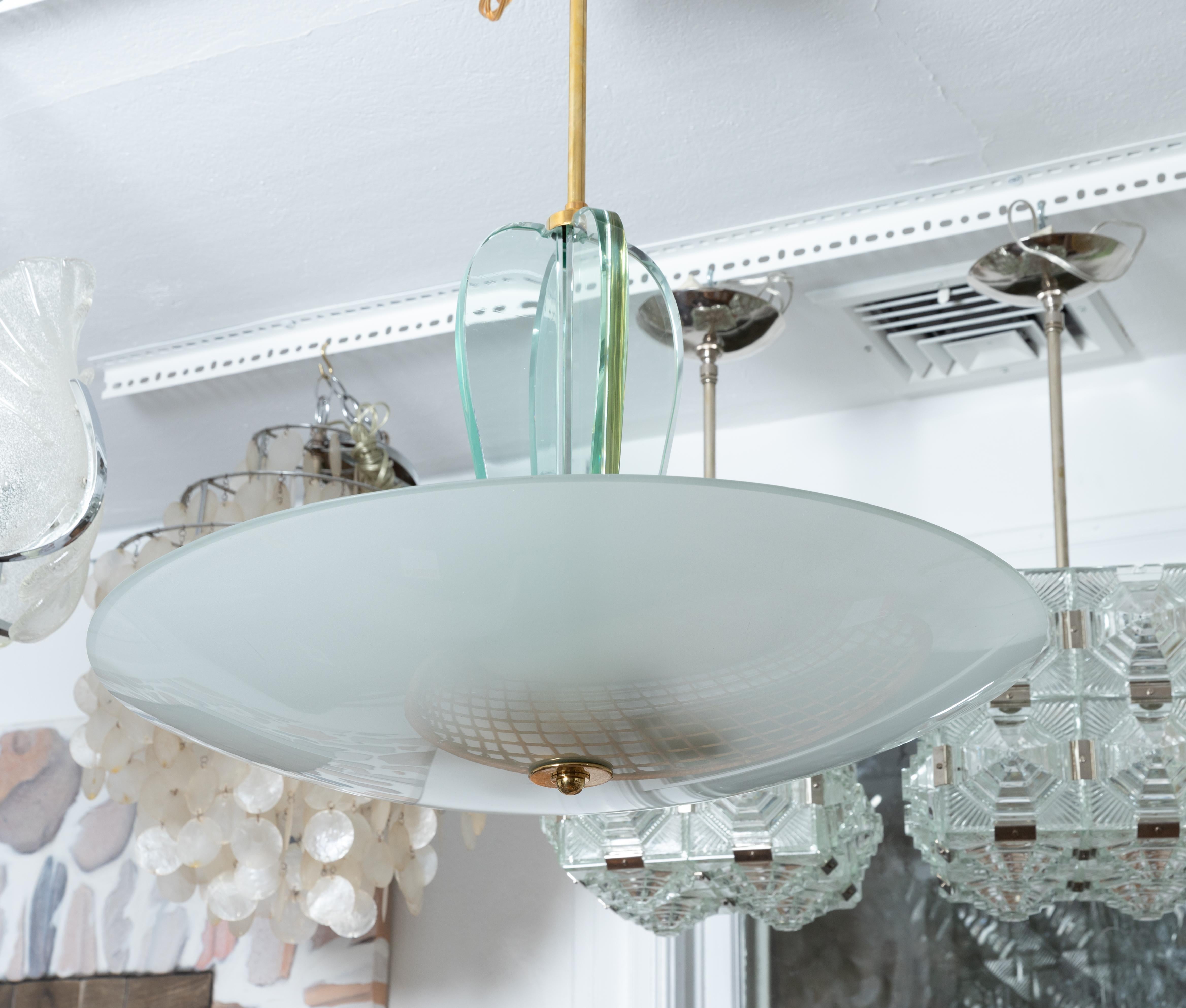 Mid-Century Modern Brass and Glass Pendant Fixture with Saucer Form Frosted Glass Shade For Sale