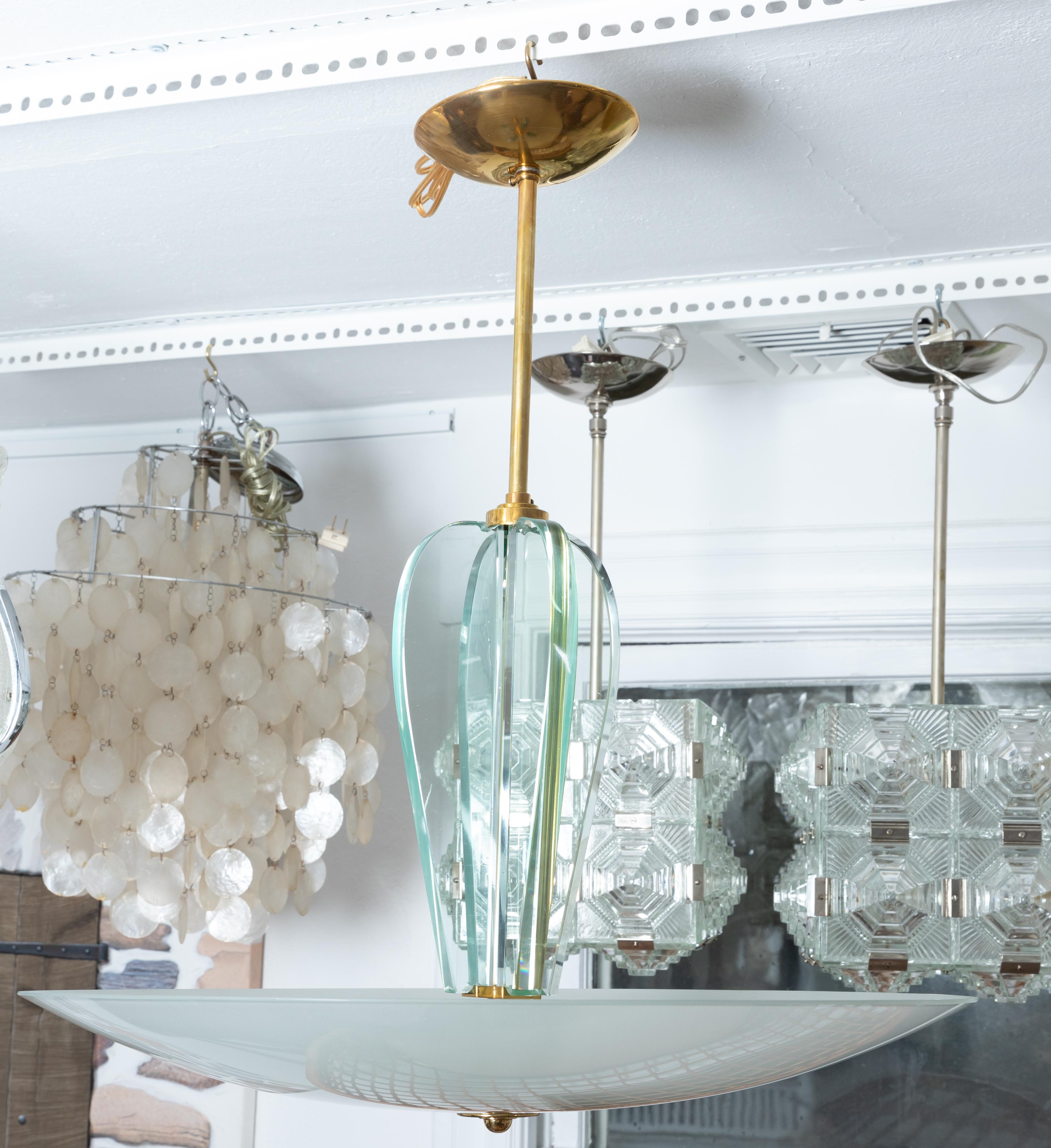 Brass and Glass Pendant Fixture with Saucer Form Frosted Glass Shade In Good Condition For Sale In Bridgehampton, NY
