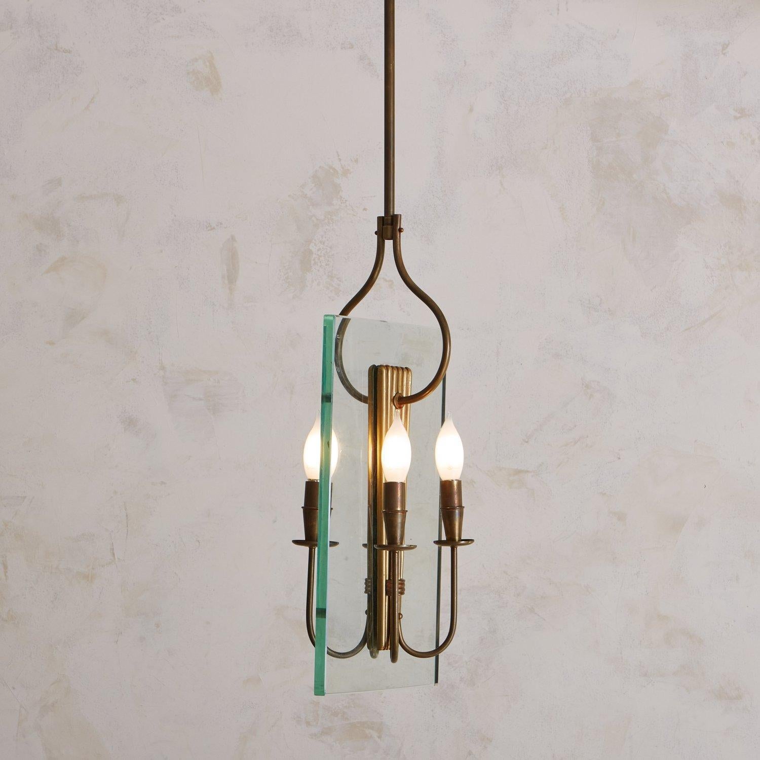 French Brass + Glass Pendant Light in the Style of Fontana Arte, 20th Century For Sale