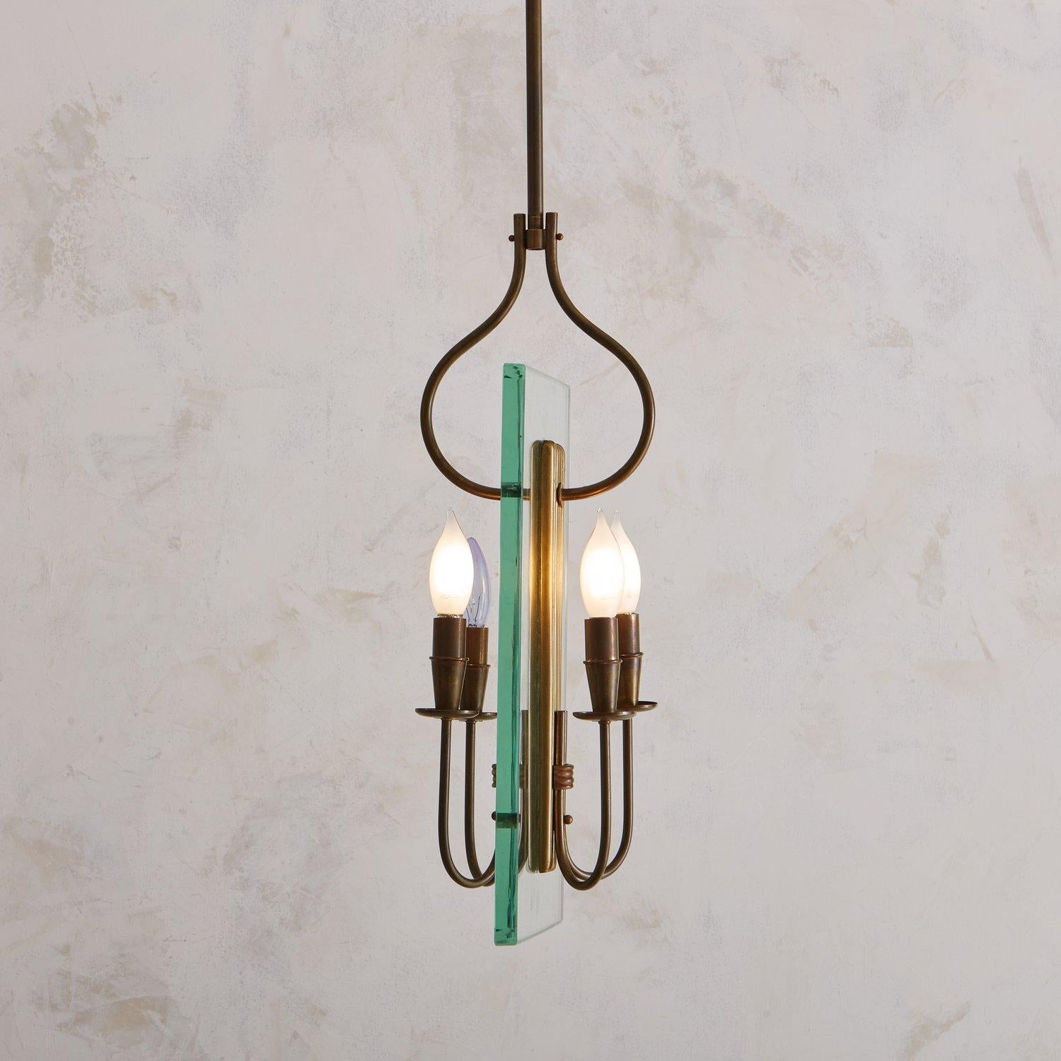 Brass + Glass Pendant Light in the Style of Fontana Arte, 20th Century For Sale 3