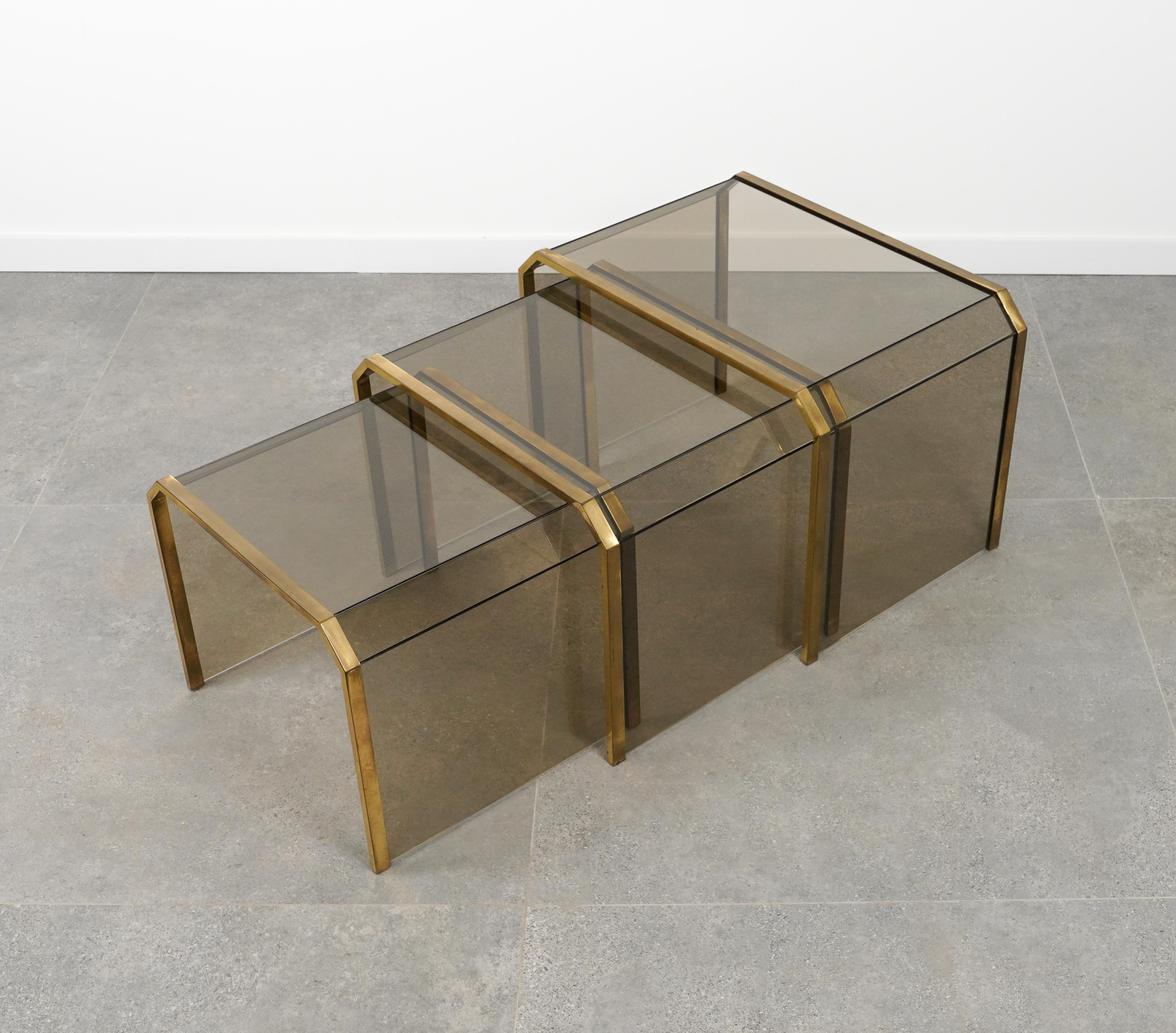 Brass & Glass Set of Three Nesting Tables Gallotti & Radice Style, Italy 1970s For Sale 3