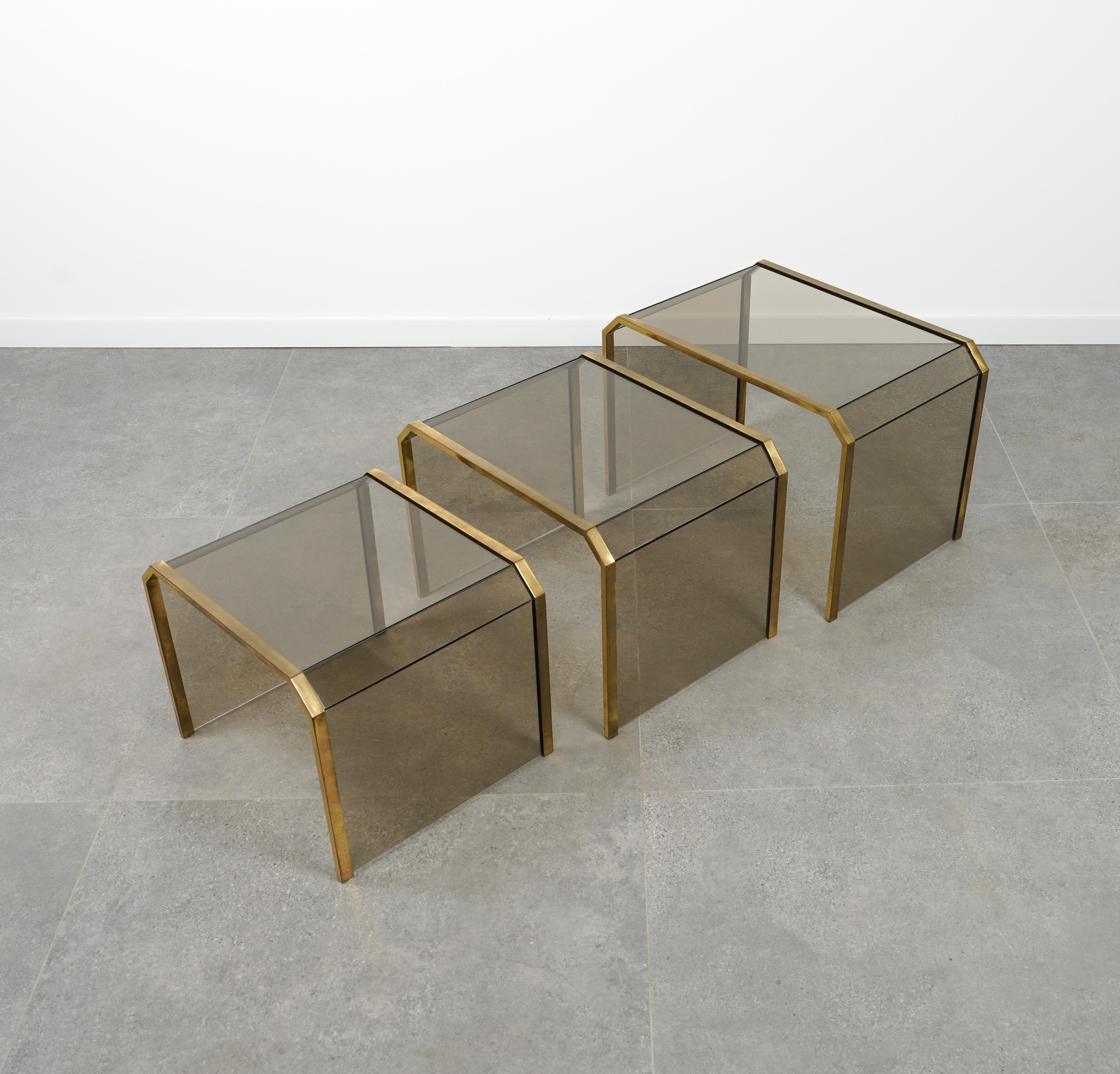 Brass & Glass Set of Three Nesting Tables Gallotti & Radice Style, Italy 1970s For Sale 5