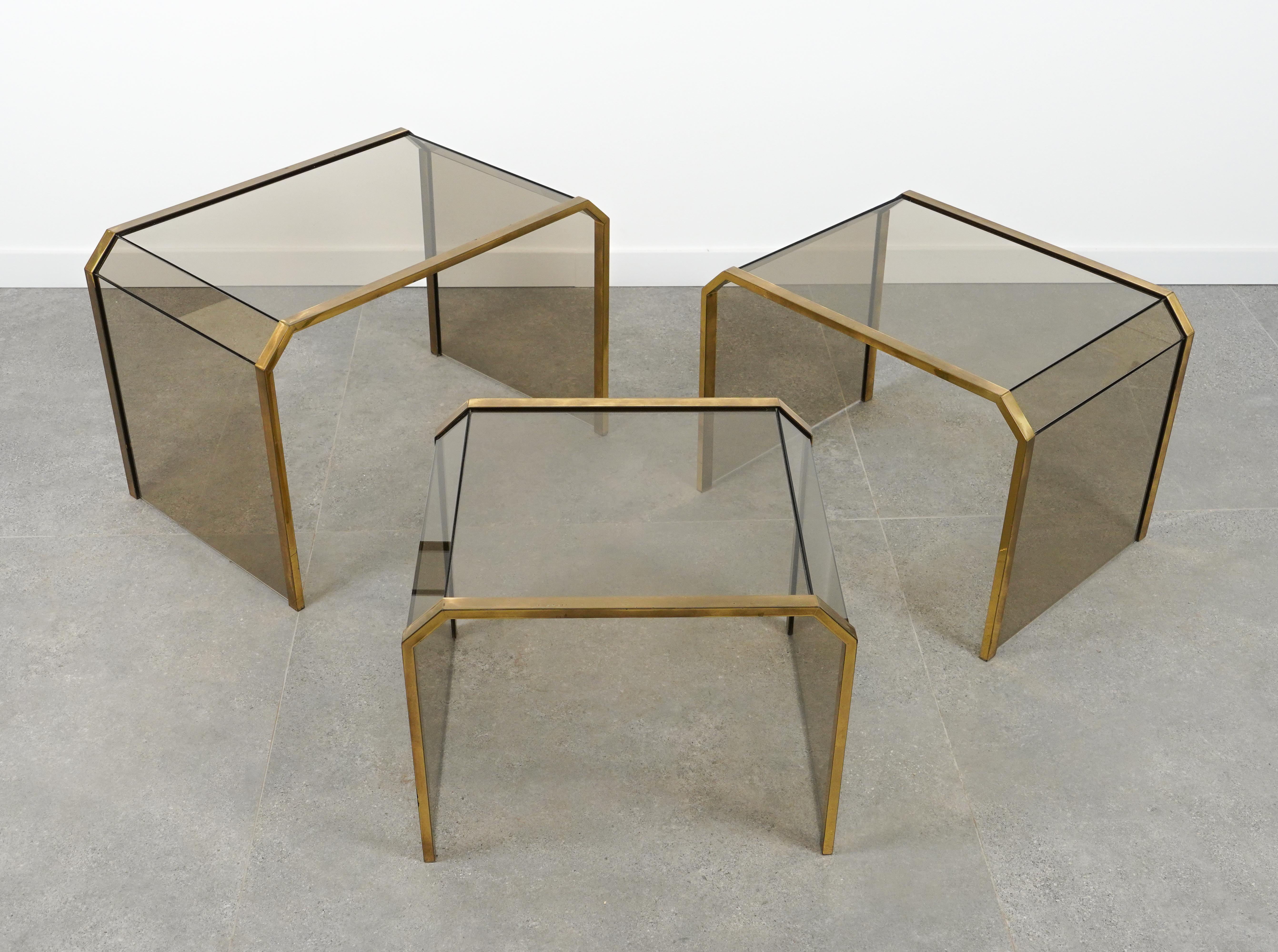 Set aus drei verschachtelten Tischen aus Messing und Glas im Gallotti & Radice-Stil, Italien 1970er Jahre im Angebot 11