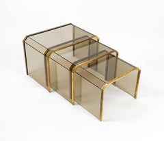 Brass & Glass Set of Three Nesting Tables Gallotti & Radice Style, Italy 1970s