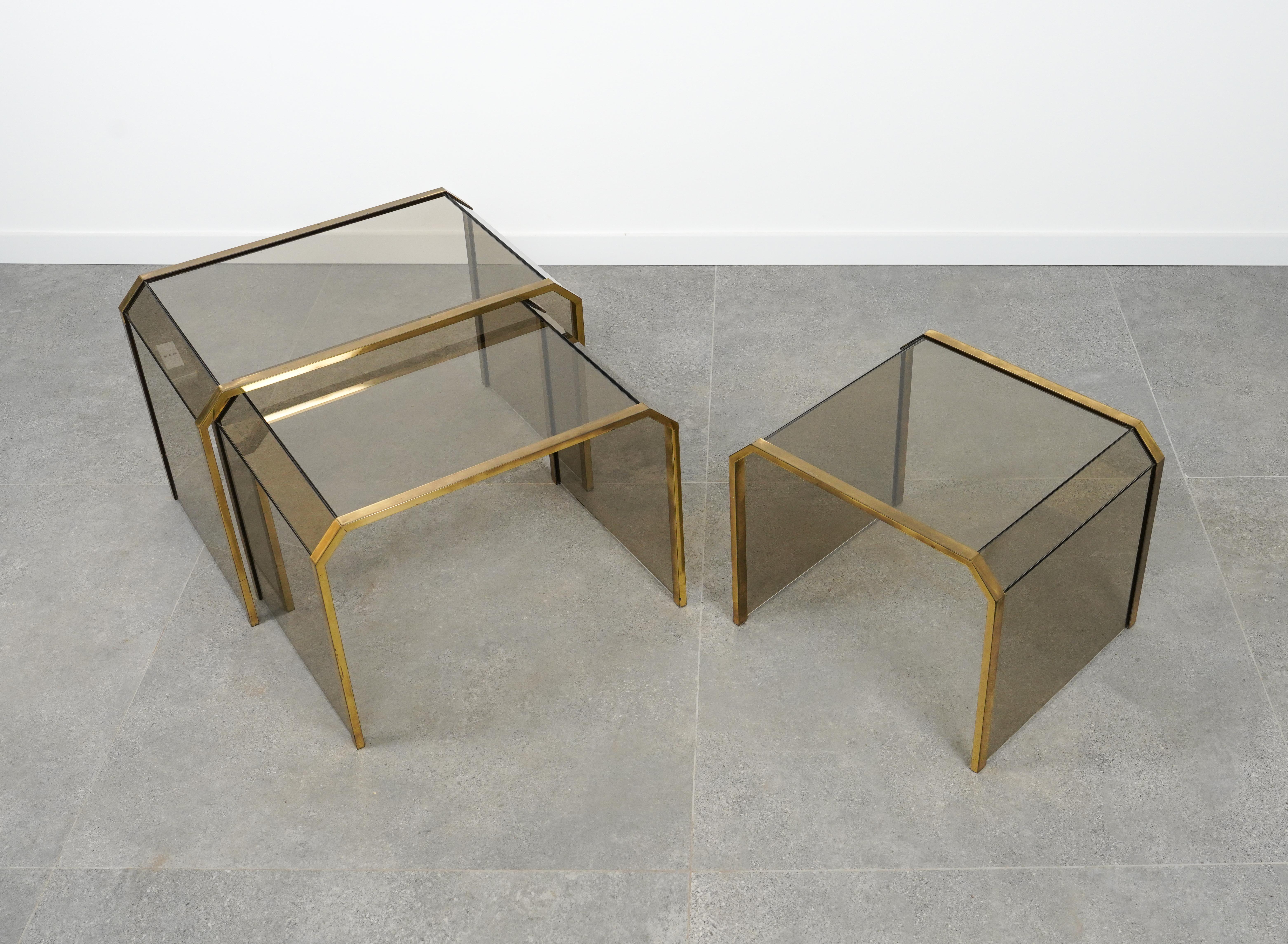 Set aus drei verschachtelten Tischen aus Messing und Glas im Gallotti & Radice-Stil, Italien 1970er Jahre im Angebot 13