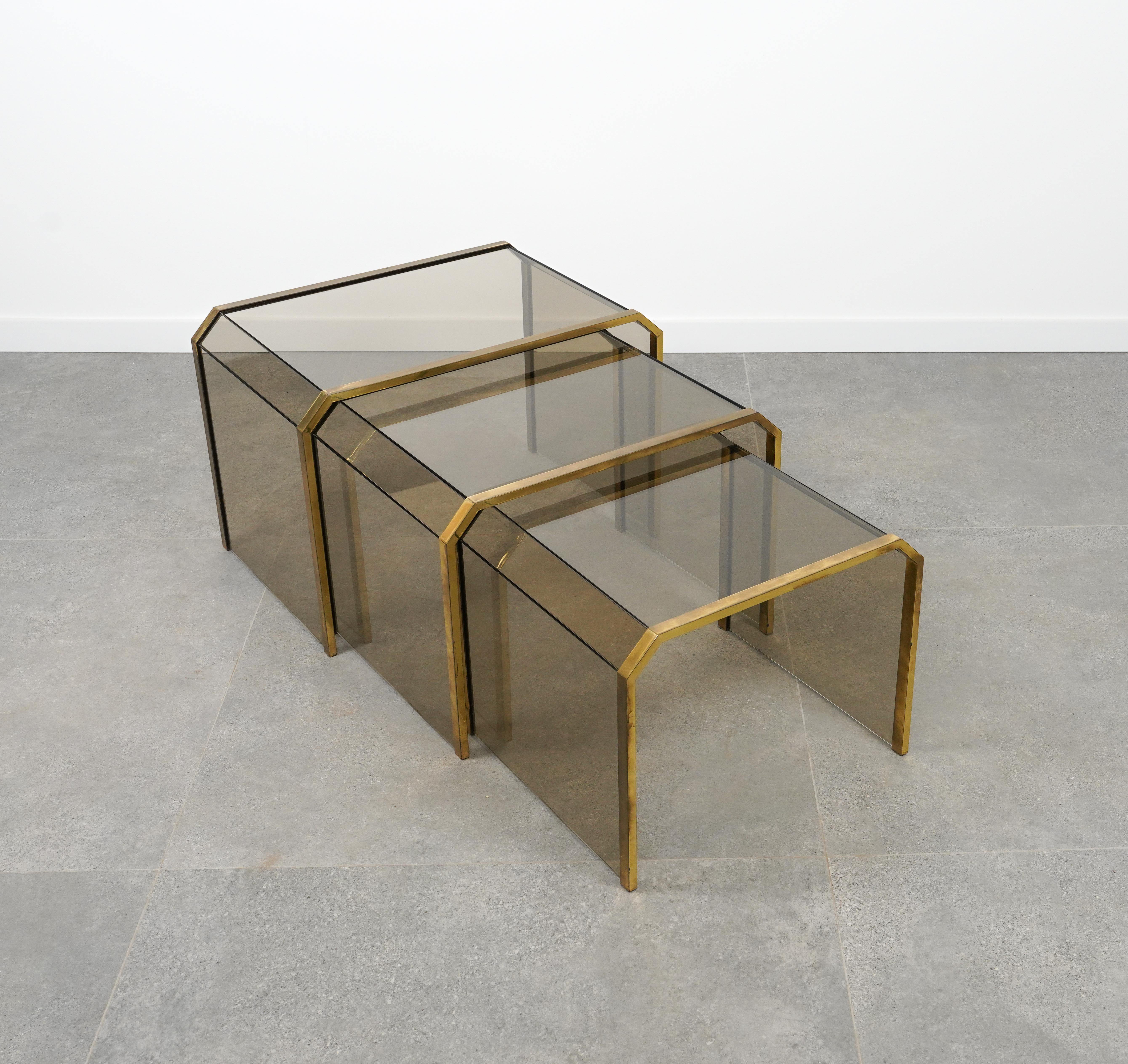 Late 20th Century Brass & Glass Set of Three Nesting Tables Gallotti & Radice Style, Italy 1970s For Sale