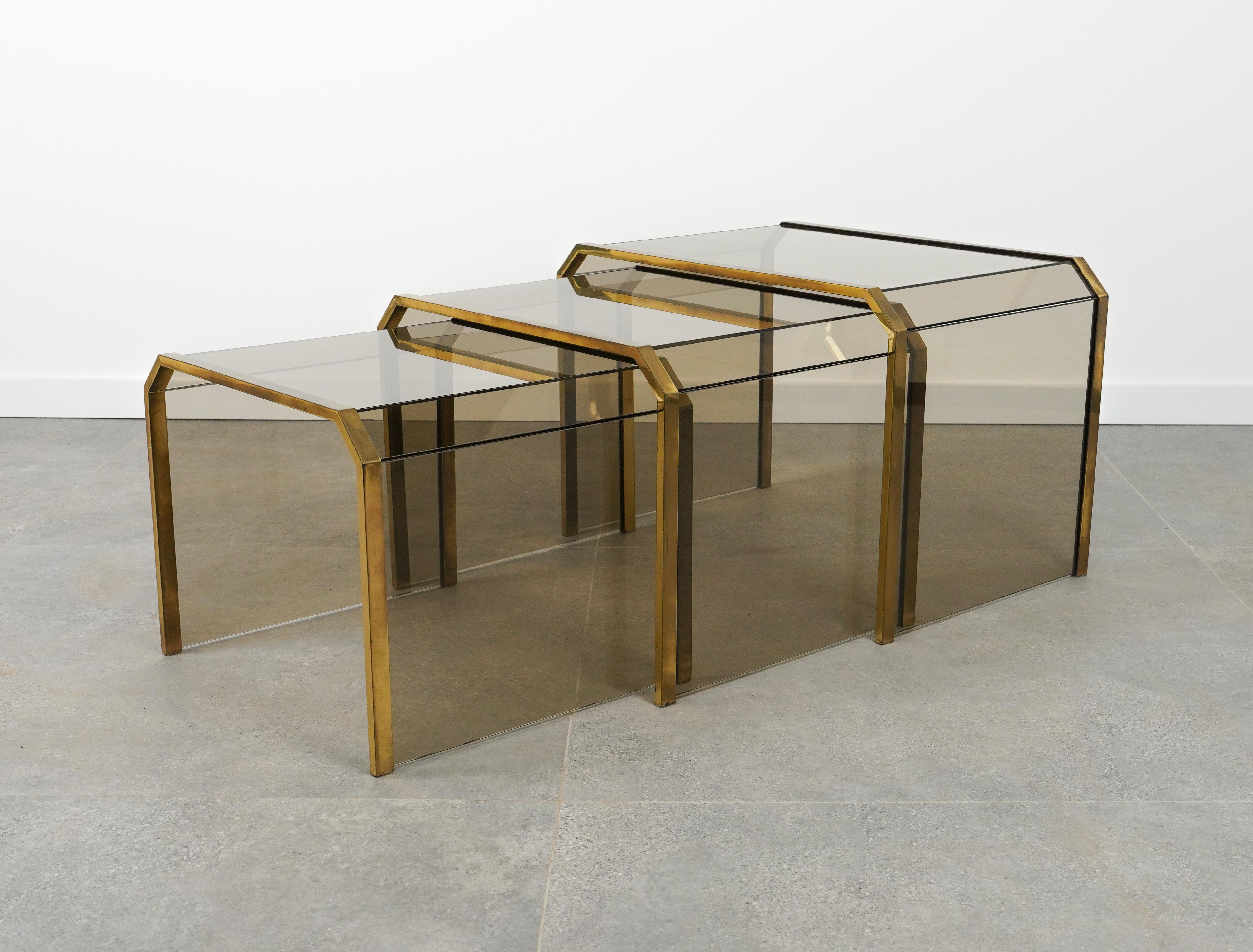 Brass & Glass Set of Three Nesting Tables Gallotti & Radice Style, Italy 1970s For Sale 2