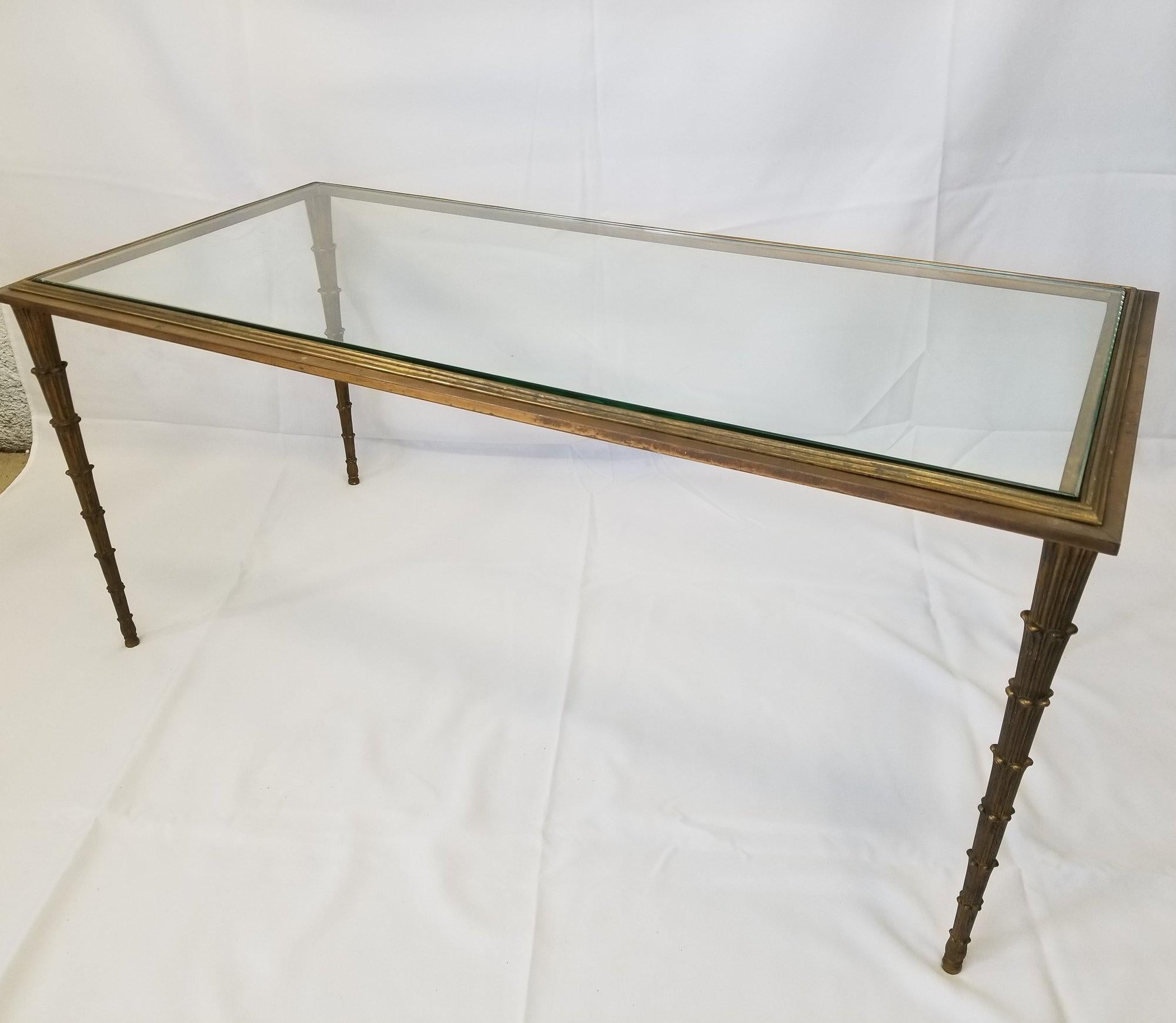 Hollywood Regency Brass Glass Top Coffee Cocktail Table with Palm Frond Legs For Sale