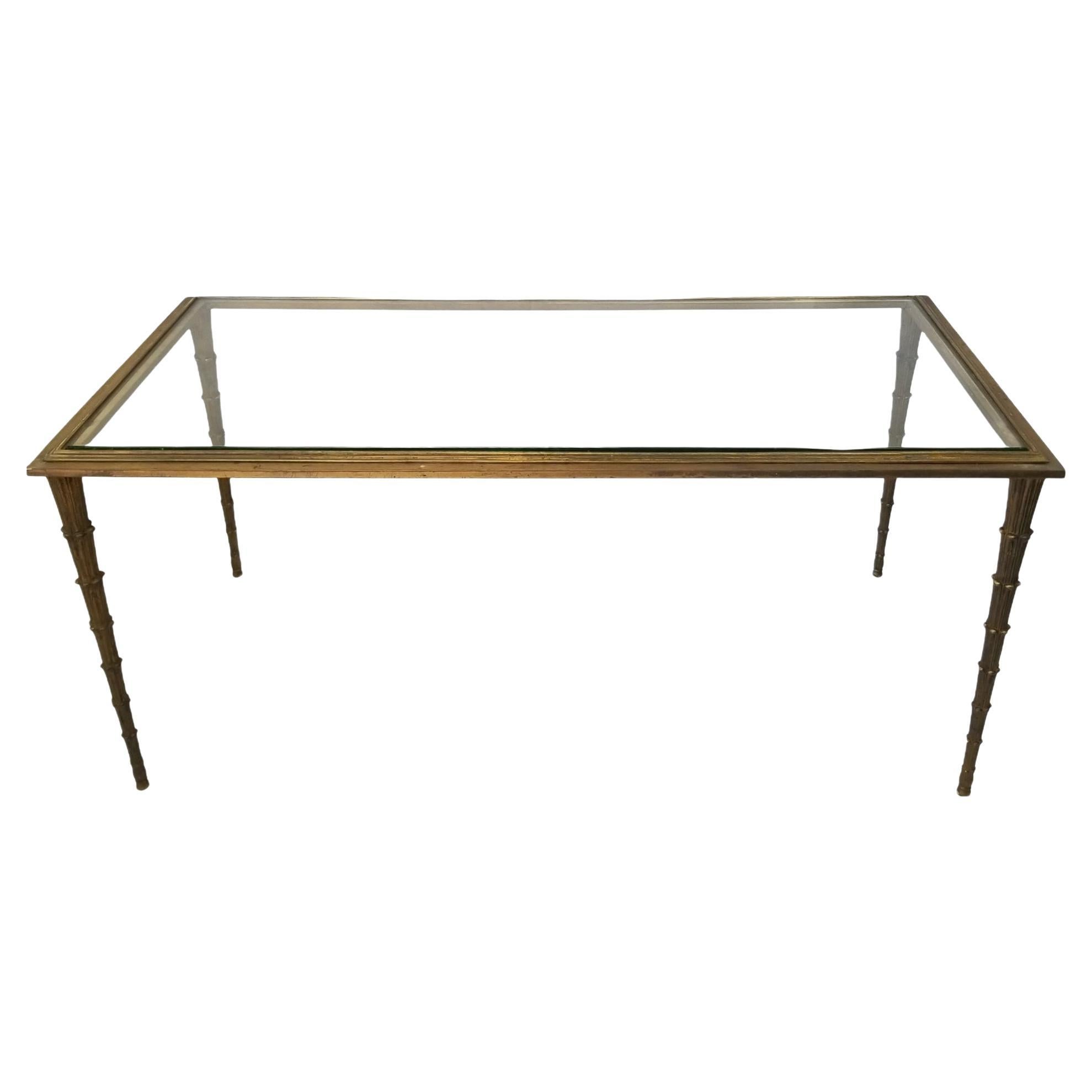 Brass Glass Top Coffee Cocktail Table with Palm Frond Legs