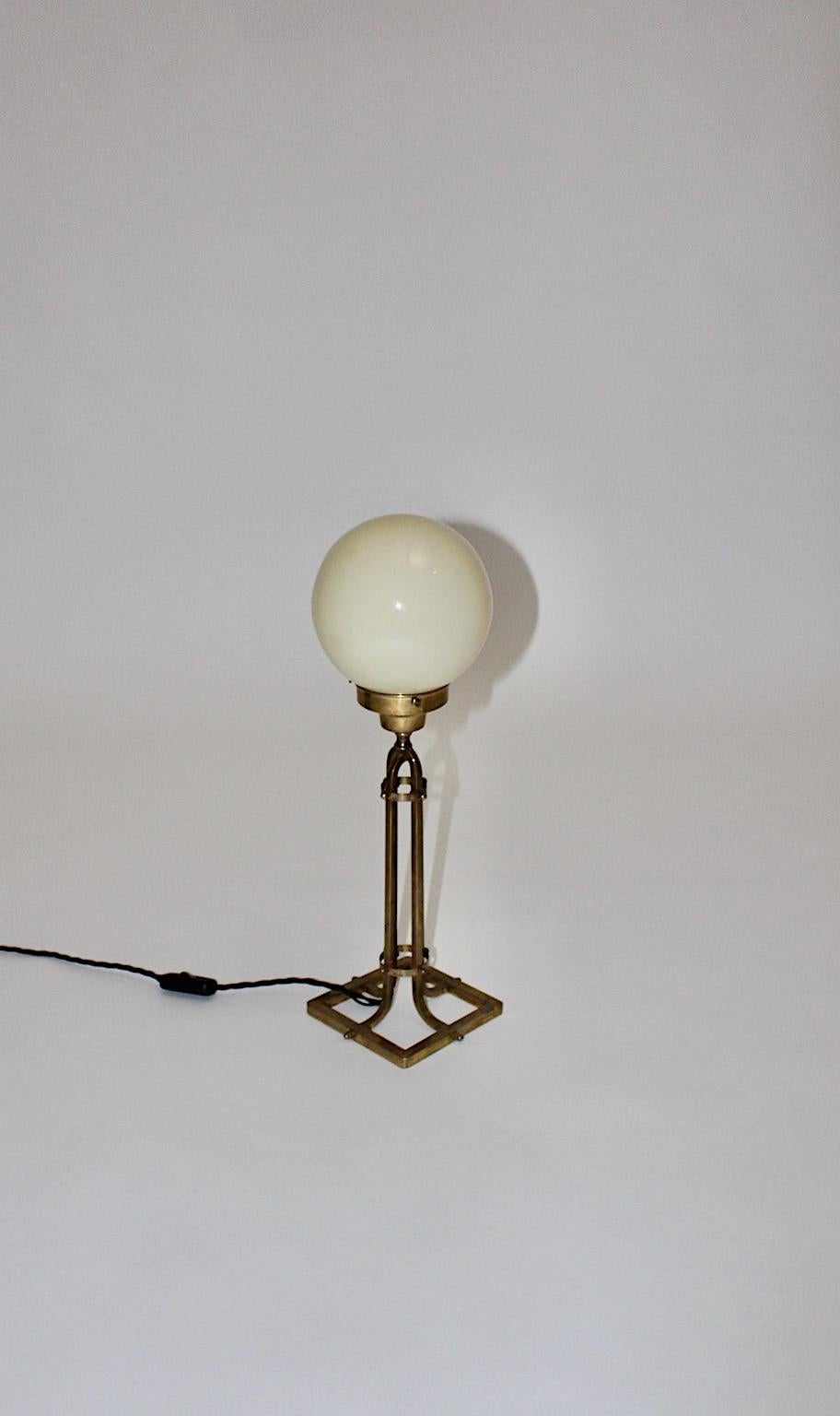 Austrian Brass Glass Vintage Table Lamp Style Vienna Secession, 1950s, Austria For Sale