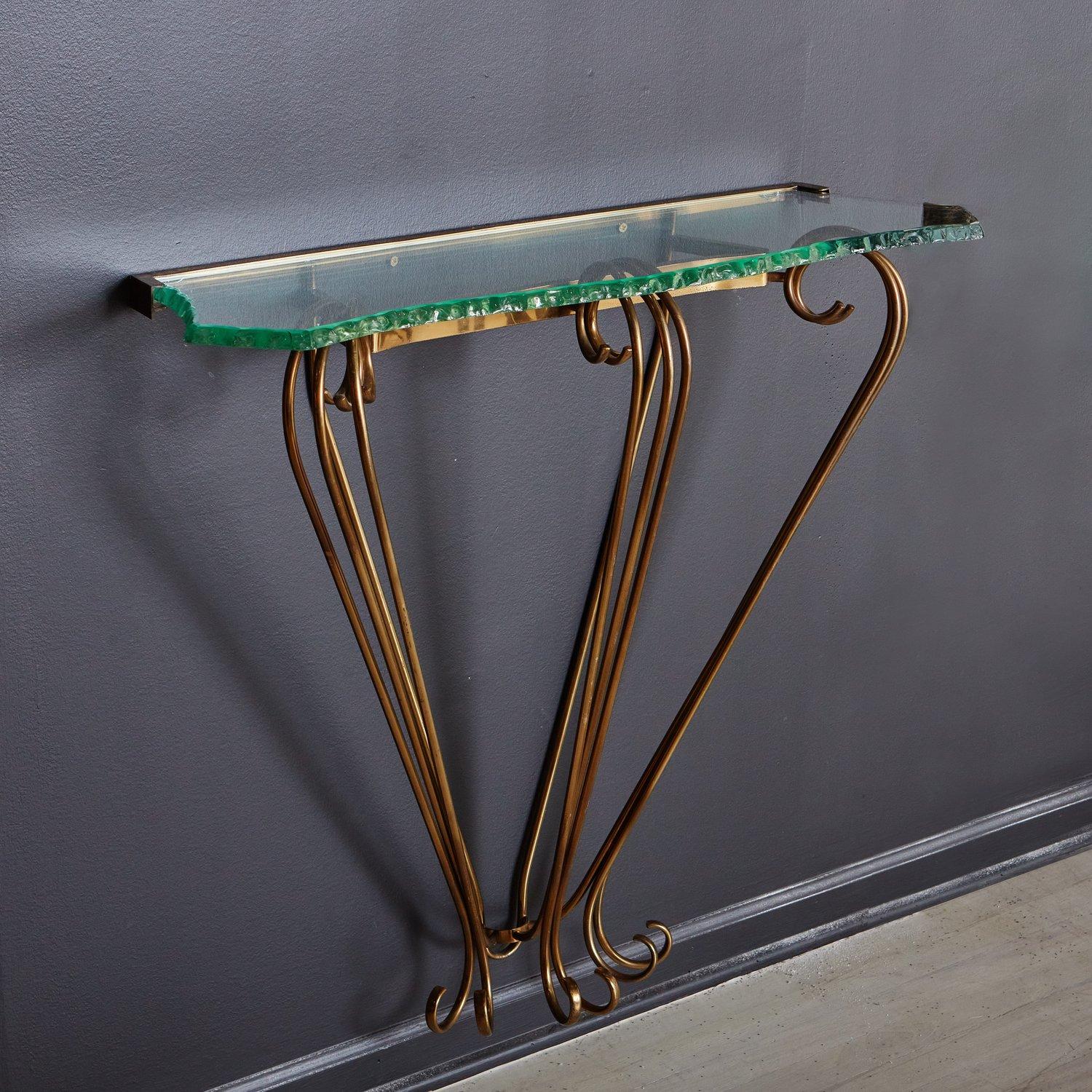 Mid-Century Modern Brass + Glass Wall Mounted Console in the Style of Fontana Arte, France For Sale