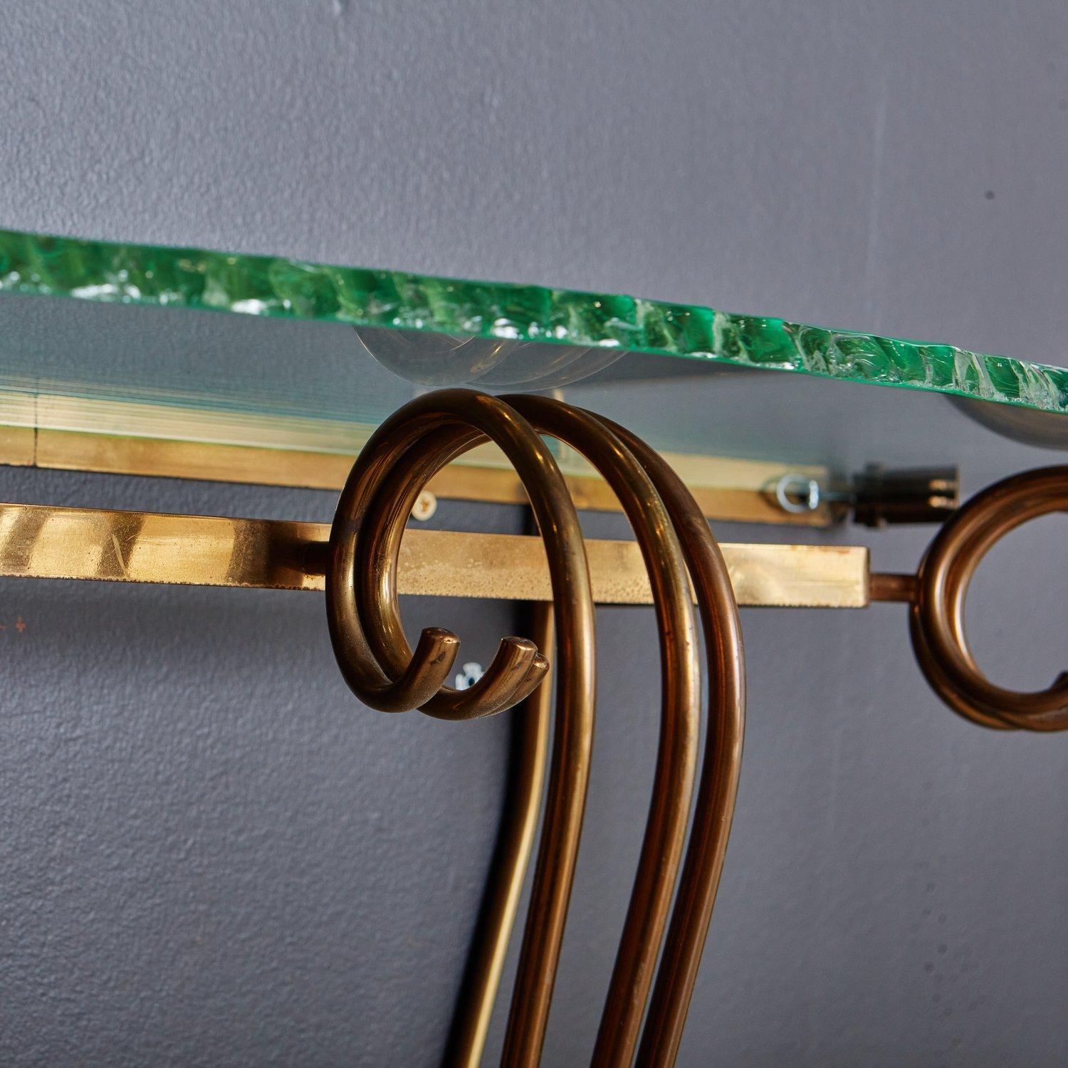 Brass + Glass Wall Mounted Console in the Style of Fontana Arte, France For Sale 1