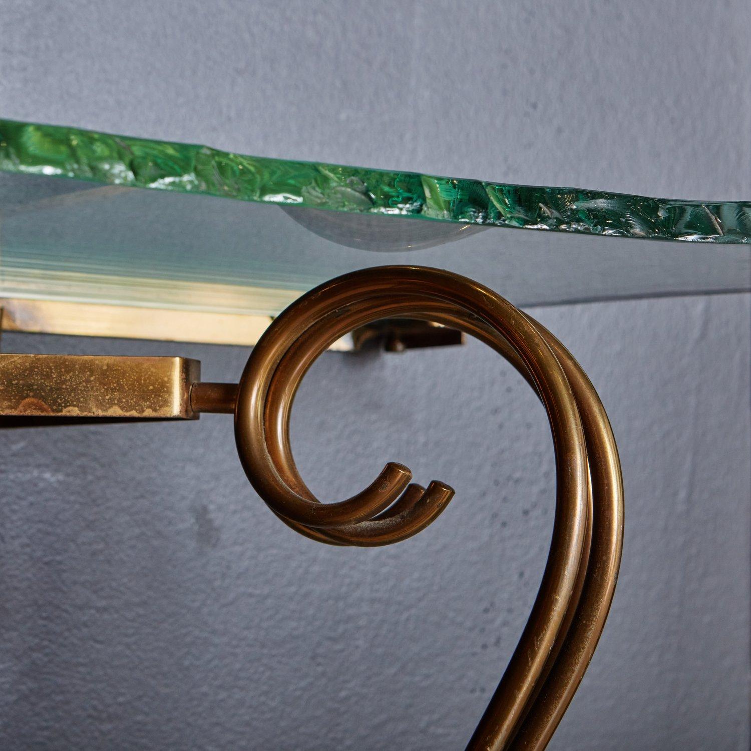 Brass + Glass Wall Mounted Console in the Style of Fontana Arte, France For Sale 2