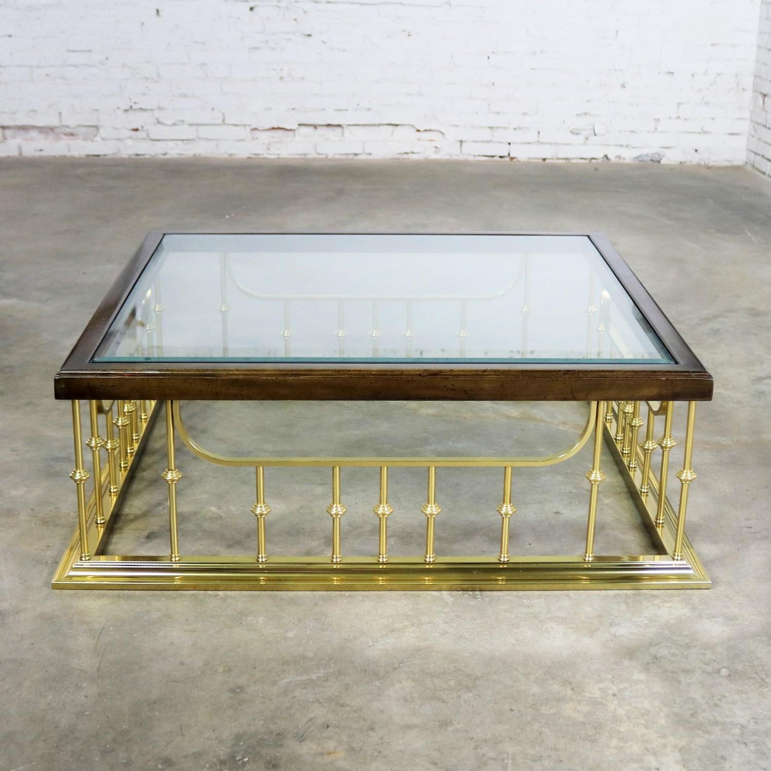 Brass Glass Wood Fireplace Fender Style Erwin Lambeth Large Square Coffee Table 9
