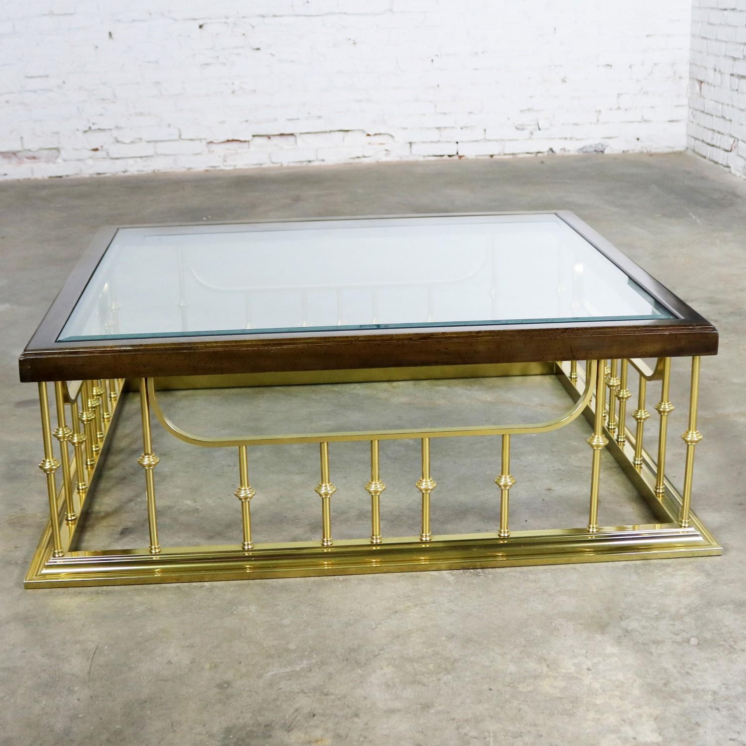 Campaign Brass Glass Wood Fireplace Fender Style Erwin Lambeth Large Square Coffee Table